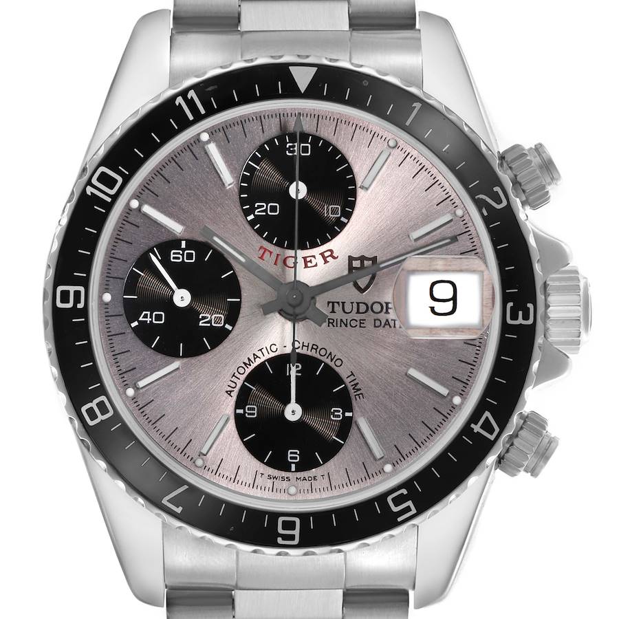 The Tudor Prince watch is shown from the front, highlighting the dial, bezel, crown, and chronograph subdials.