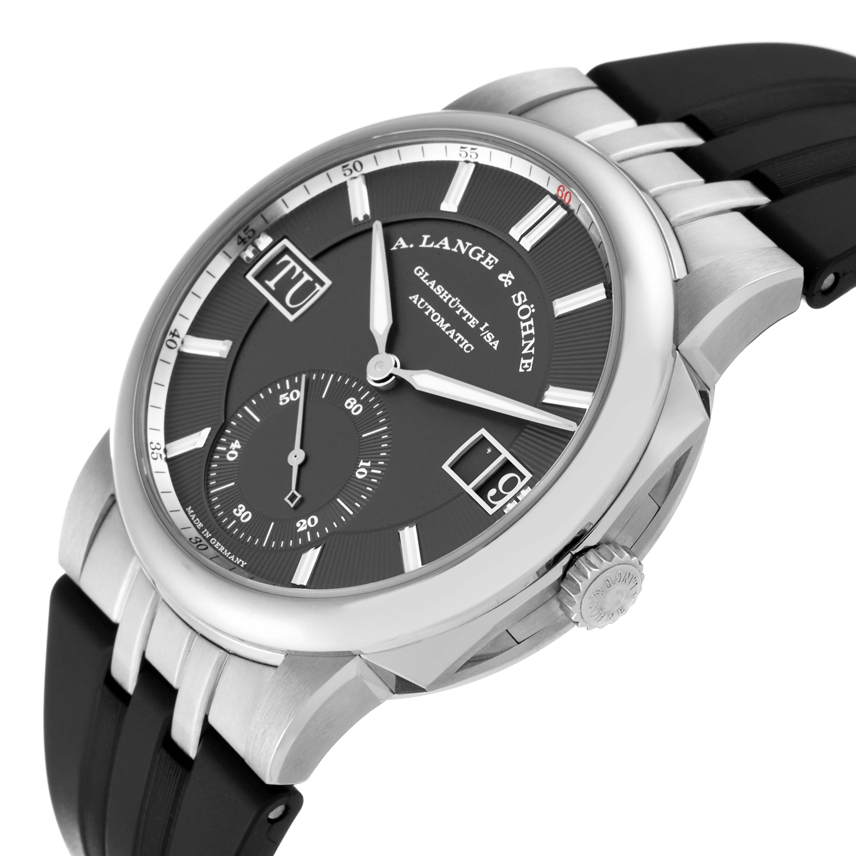 This angle shows the A. Lange & Sohne Odysseus 363.068 Men's White Gold Grey Dial' face, crown, and black strap in detail.