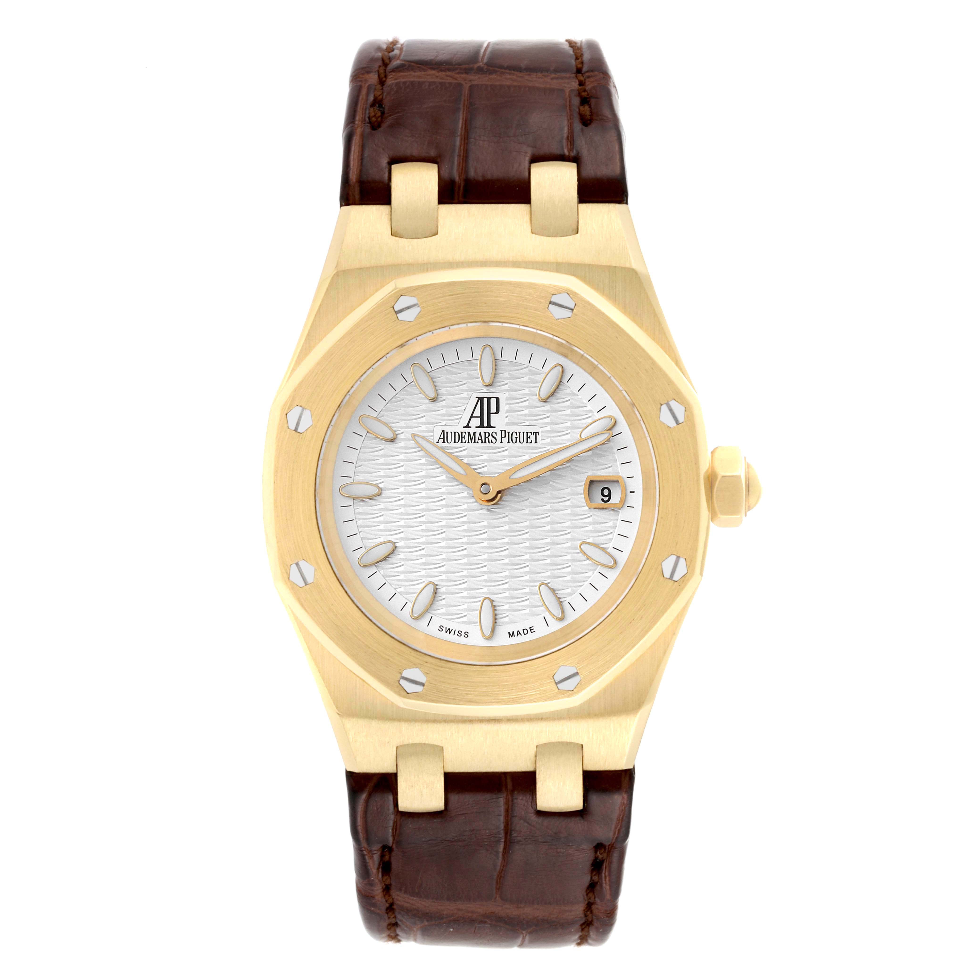 The image shows a front view of the Audemars Piguet Royal Oak 67600BA Women's Yellow Gold Silver Dial 67600BA Women's Yellow Gold Silver Dial watch, highlighting its dial, bezel, and leather strap.