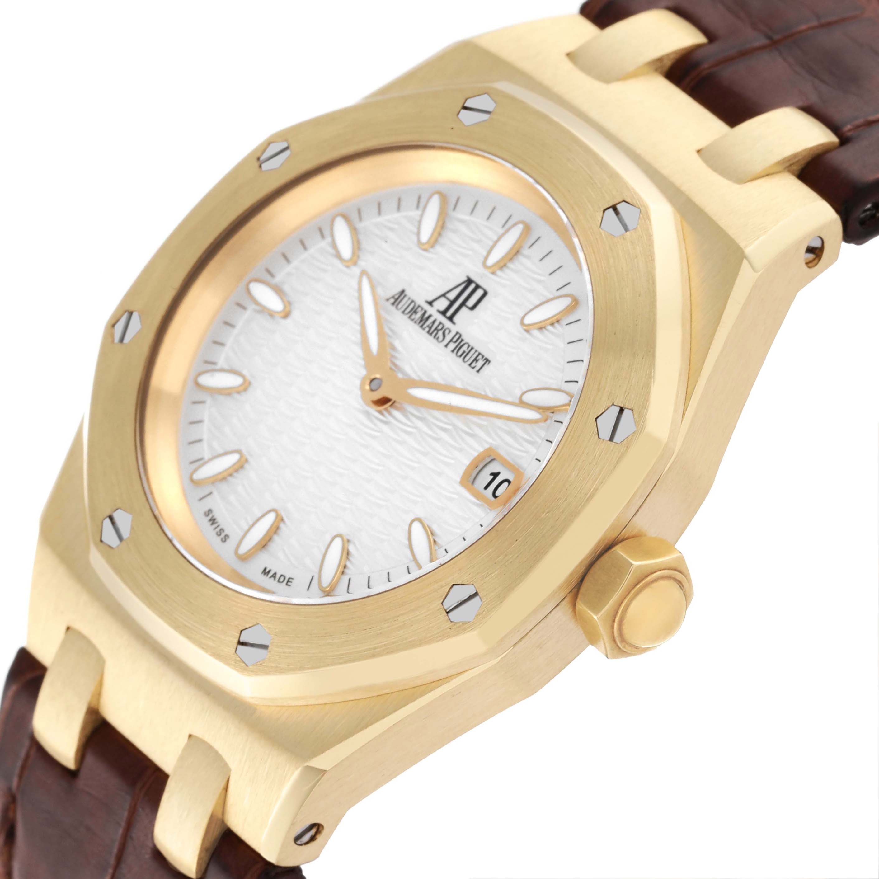 The image shows a close-up angle of the Audemars Piguet Royal Oak 67600BA Women's Yellow Gold Silver Dial 67600BA Women's Yellow Gold Silver Dial watch, highlighting its octagonal bezel, dial, and part of the bracelet.