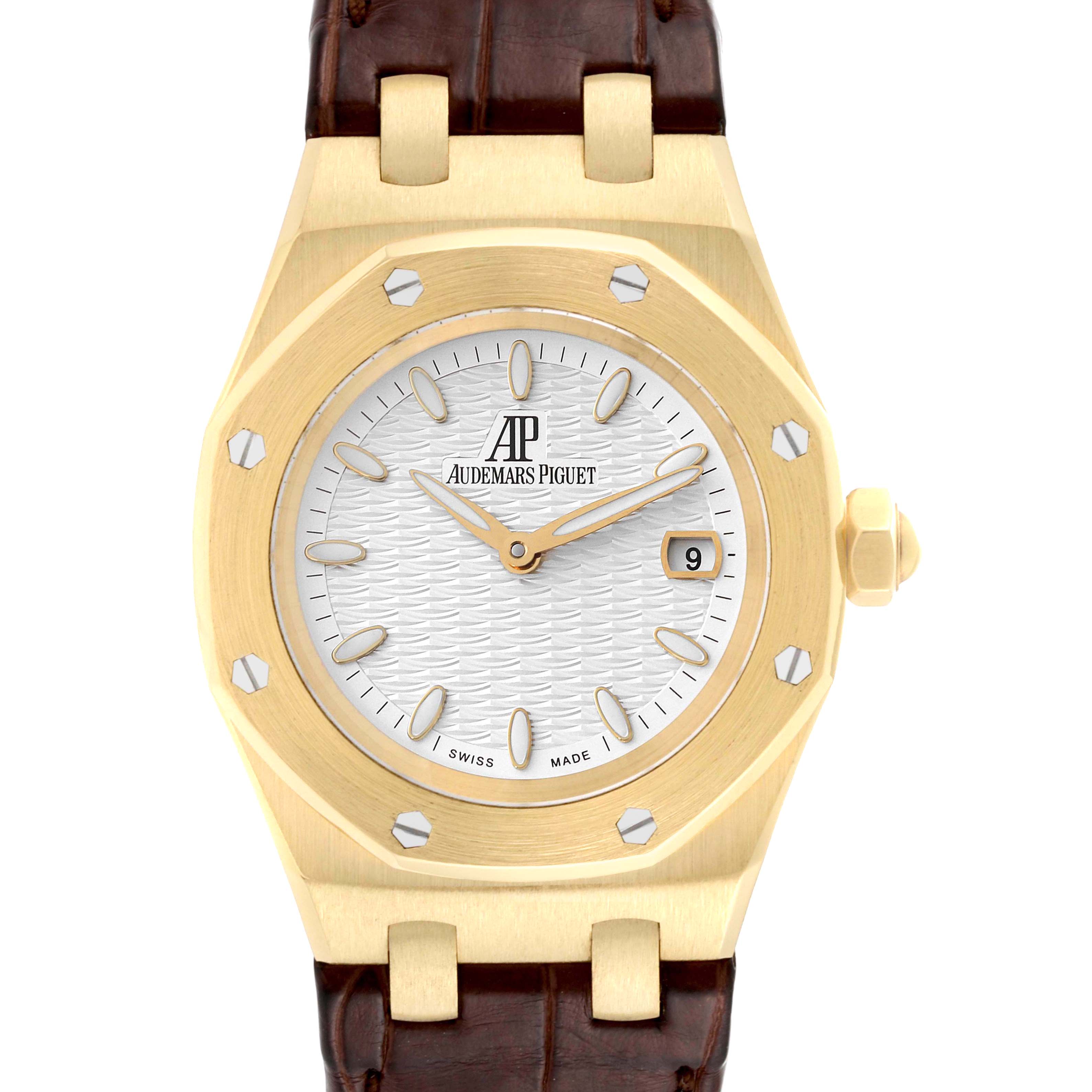 The image shows a front view of an Audemars Piguet Royal Oak 67600BA Women's Yellow Gold Silver Dial 67600BA Women's Yellow Gold Silver Dial watch, highlighting its octagonal bezel, dial, hands, and leather strap.