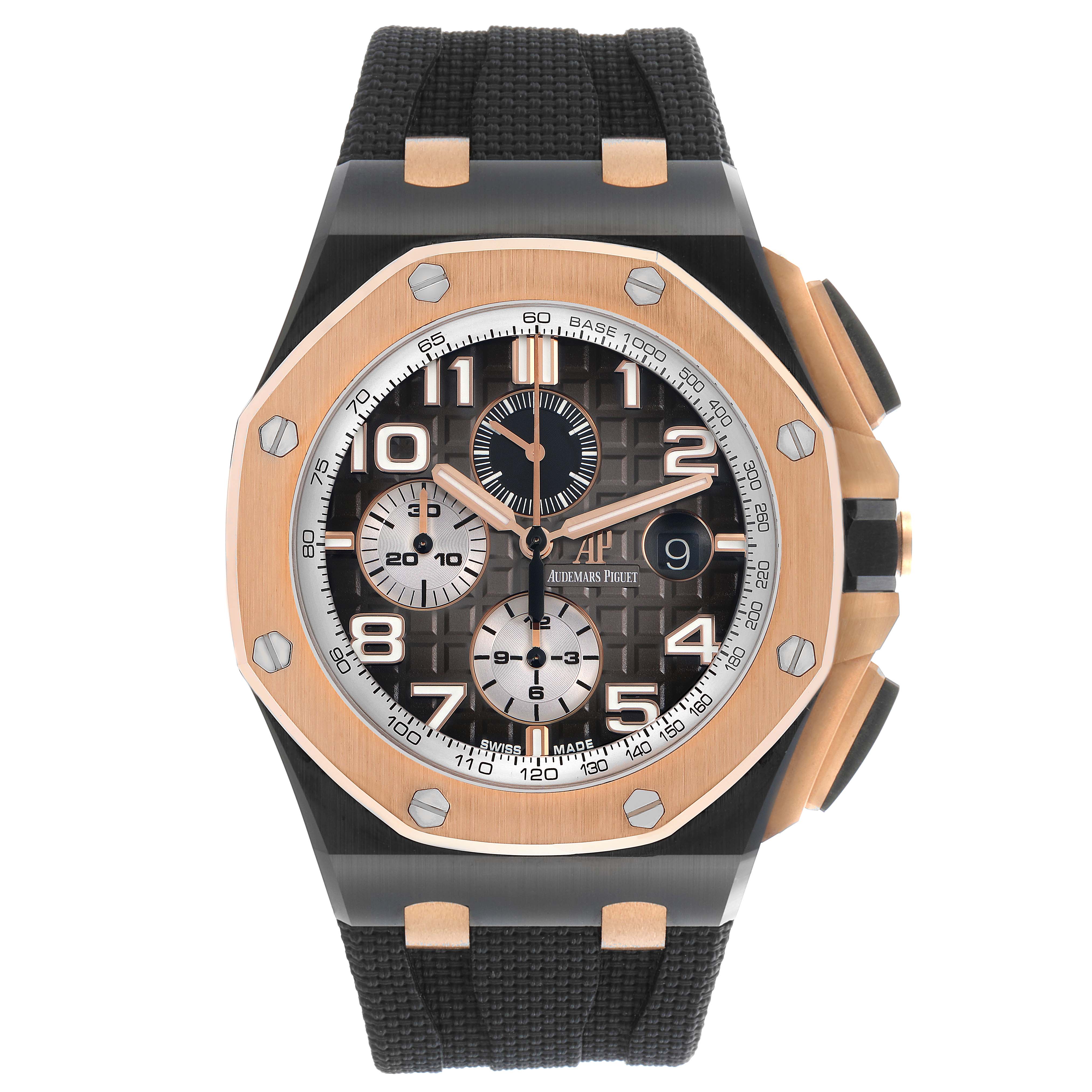 The Audemars Piguet Royal Oak Offshore 26405NR.OO.A002CA.01.A Men
s Ceramic Grey Dial 26405NR.OO.A002CA.01.A Men
s Ceramic Grey Dial is shown from the front, displaying the dial, bezel, and pushers.