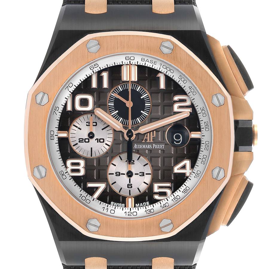 The Audemars Piguet Royal Oak Offshore is shown from a straight-on angle, highlighting its dial, bezel, and chronograph subdials.