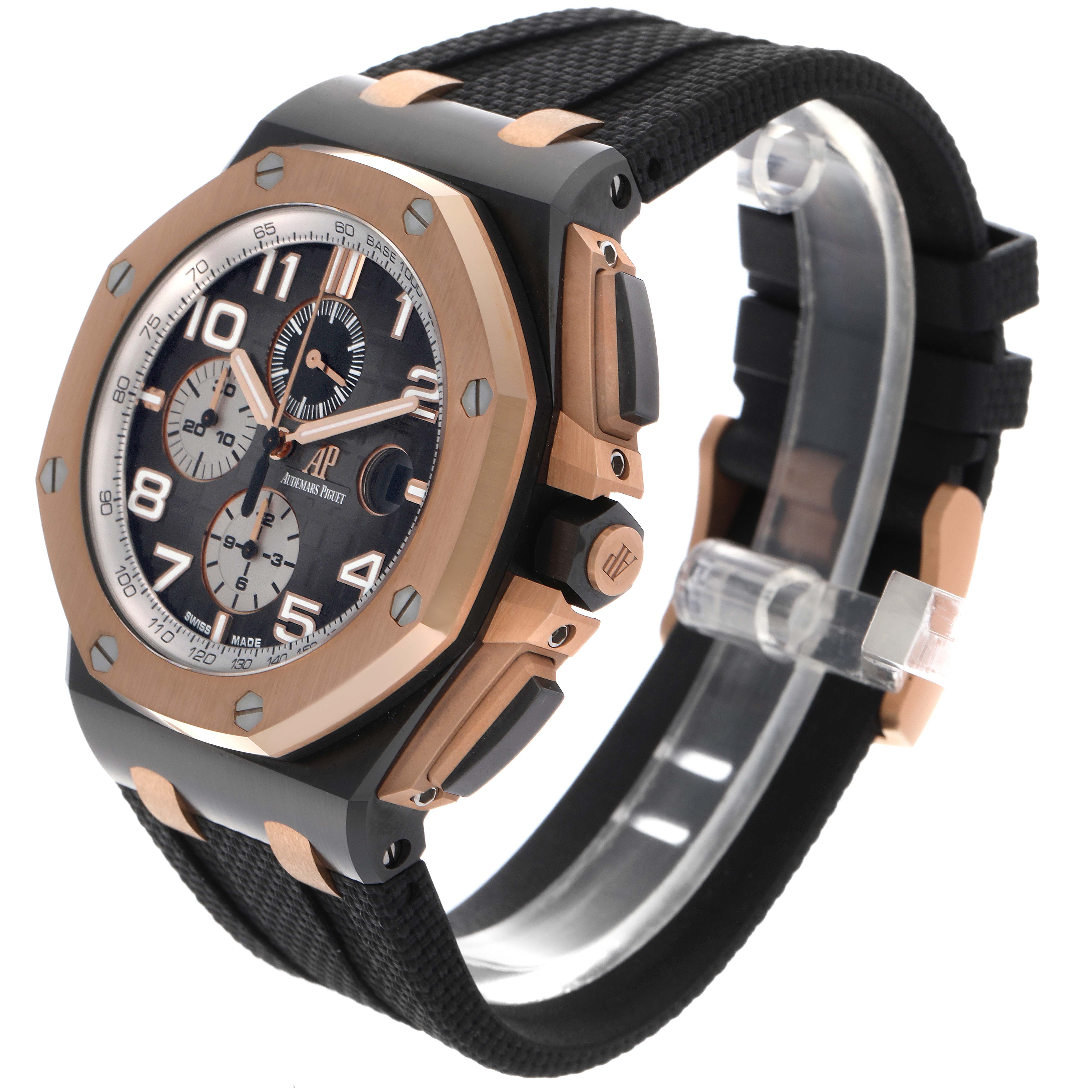 The Audemars Piguet Royal Oak Offshore 26405NR.OO.A002CA.01.A Men
s Ceramic Grey Dial 26405NR.OO.A002CA.01.A Men
s Ceramic Grey Dial is shown at a three-quarter angle highlighting the bezel, dial, crown, and strap.