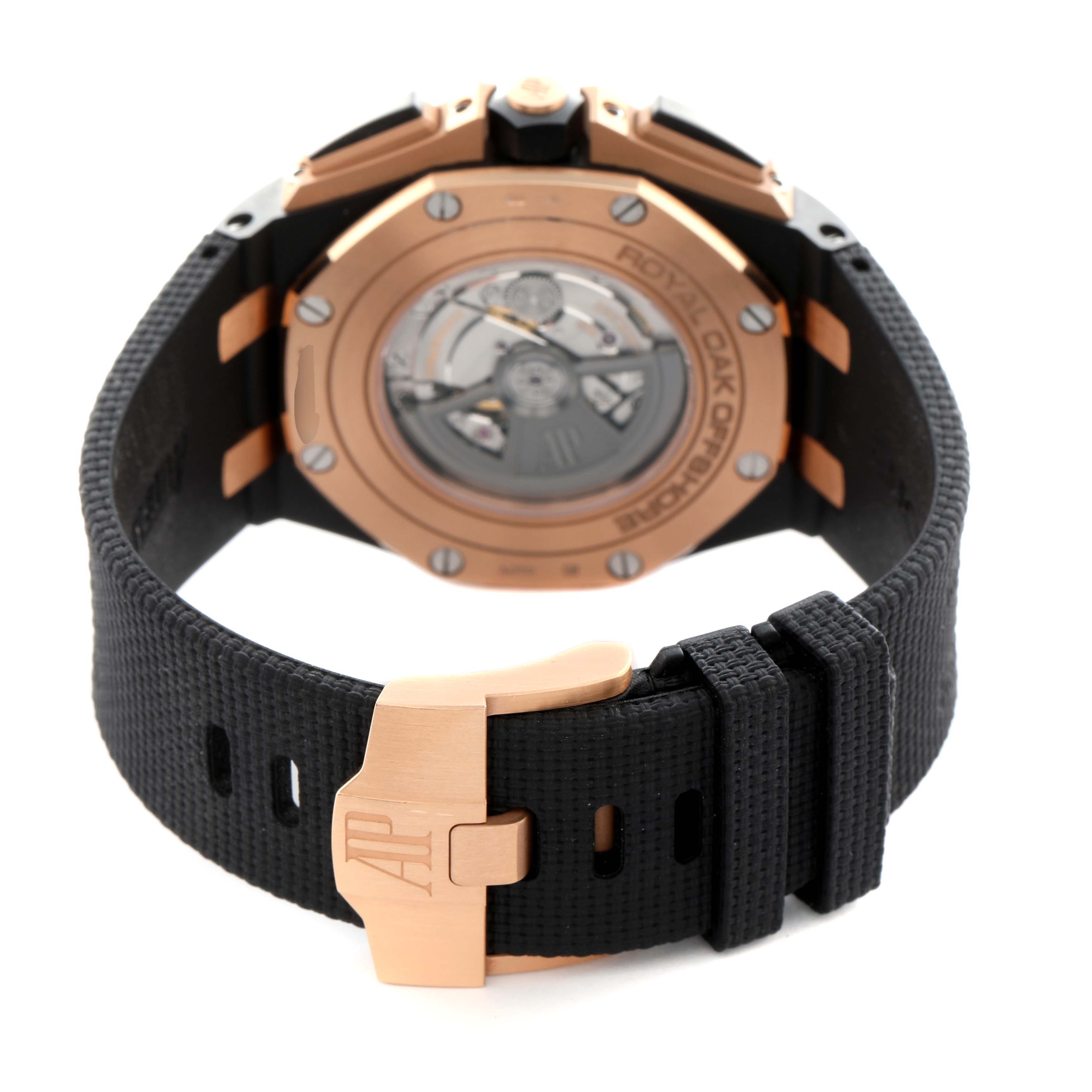 The image shows the back and clasp of an Audemars Piguet Royal Oak Offshore 26405NR.OO.A002CA.01.A Men
s Ceramic Grey Dial 26405NR.OO.A002CA.01.A Men
s Ceramic Grey Dial, highlighting the strap and case back.