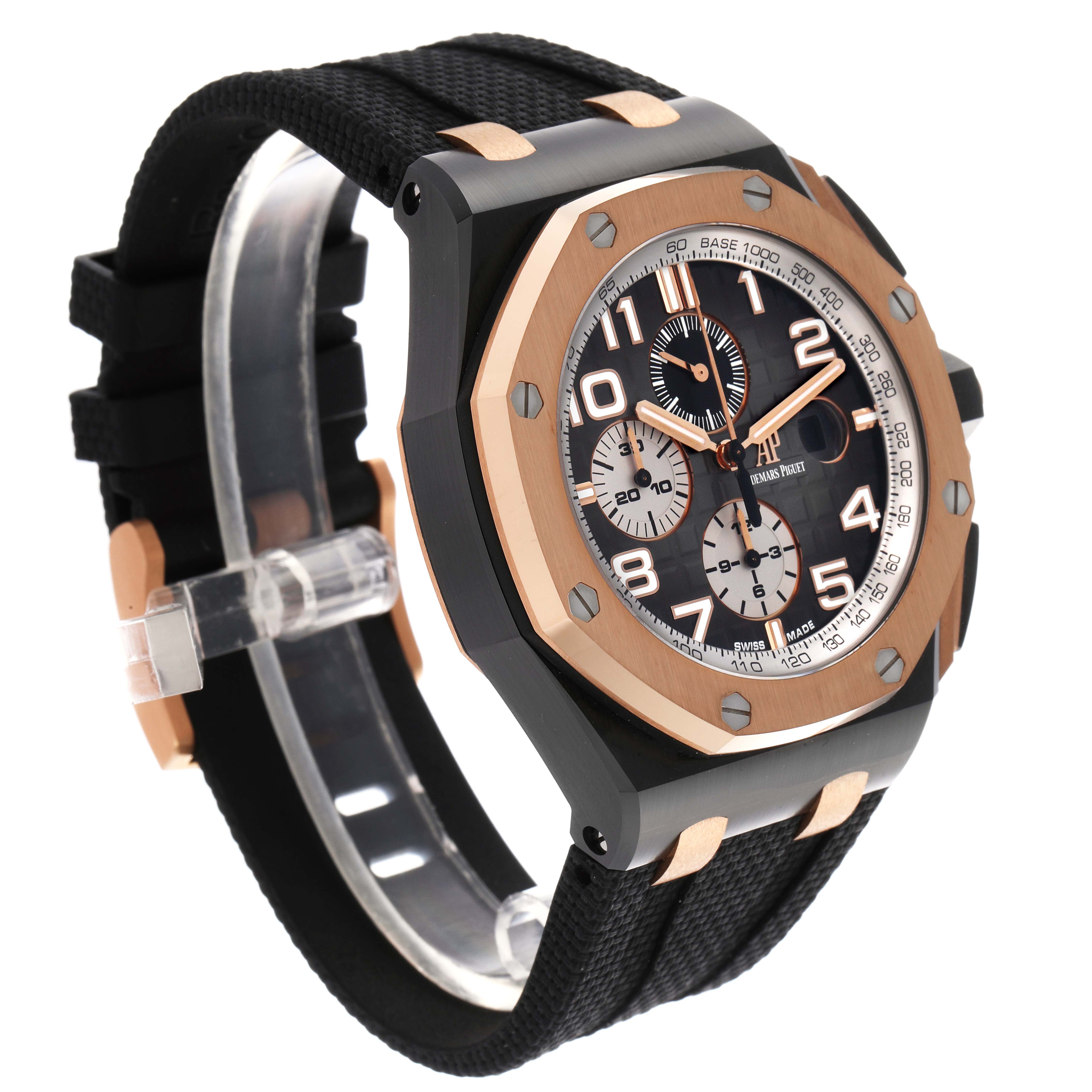 The Audemars Piguet Royal Oak Offshore 26405NR.OO.A002CA.01.A Men
s Ceramic Grey Dial 26405NR.OO.A002CA.01.A Men
s Ceramic Grey Dial watch is shown at a slight angle highlighting the face, bezel, and strap.