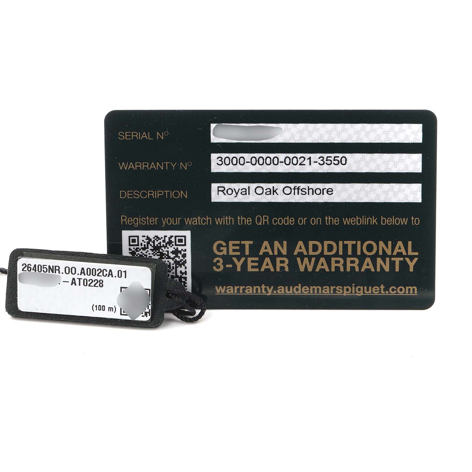The image shows warranty cards for the Audemars Piguet Royal Oak Offshore 26405NR.OO.A002CA.01.A Men
s Ceramic Grey Dial 26405NR.OO.A002CA.01.A Men
s Ceramic Grey Dial, highlighting the serial and warranty numbers.