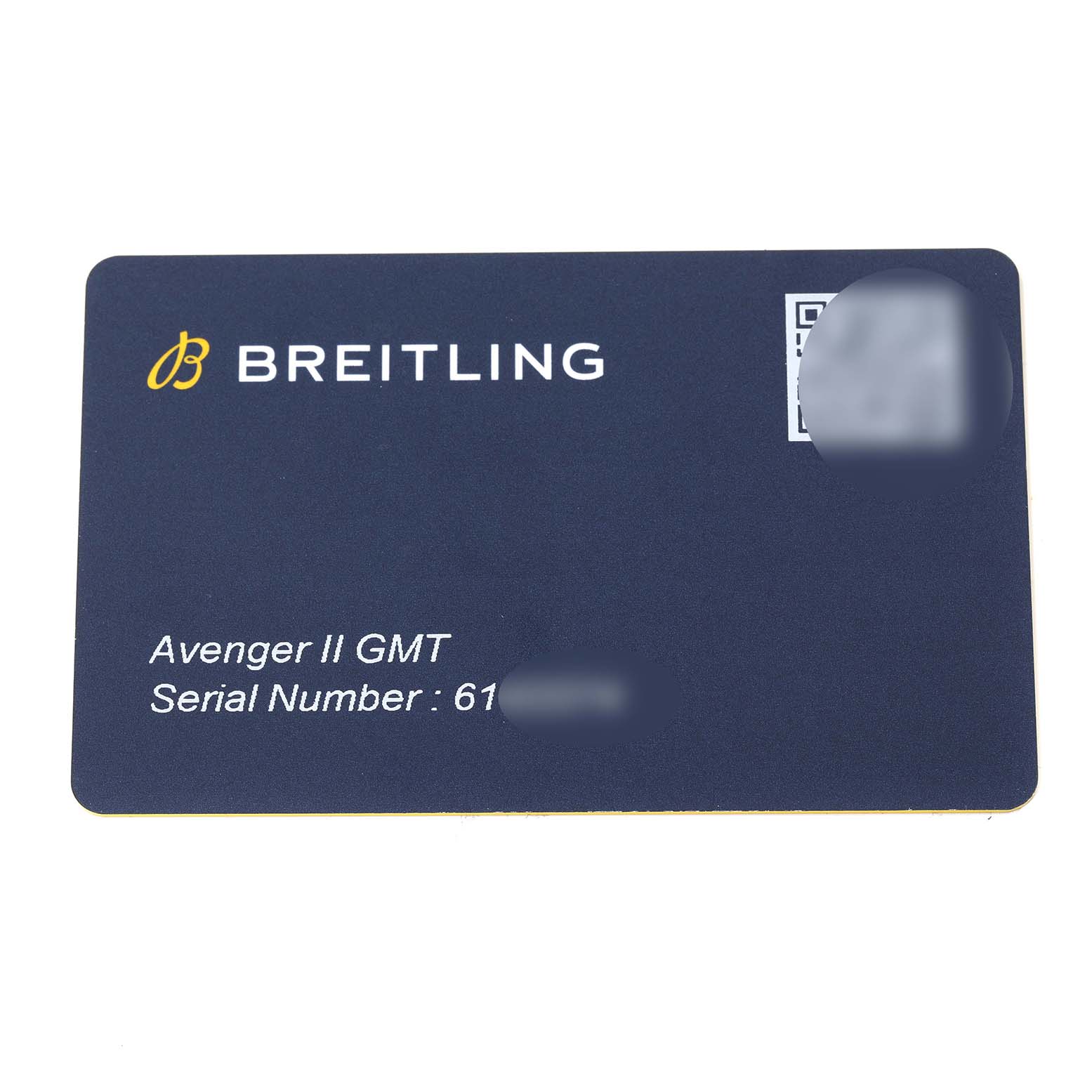This image shows a Breitling Avenger A32390 Men's Stainless Steel Mother of Pearl Dial A32390 Men's Stainless Steel Mother of Pearl Dial II GMT serial number card.