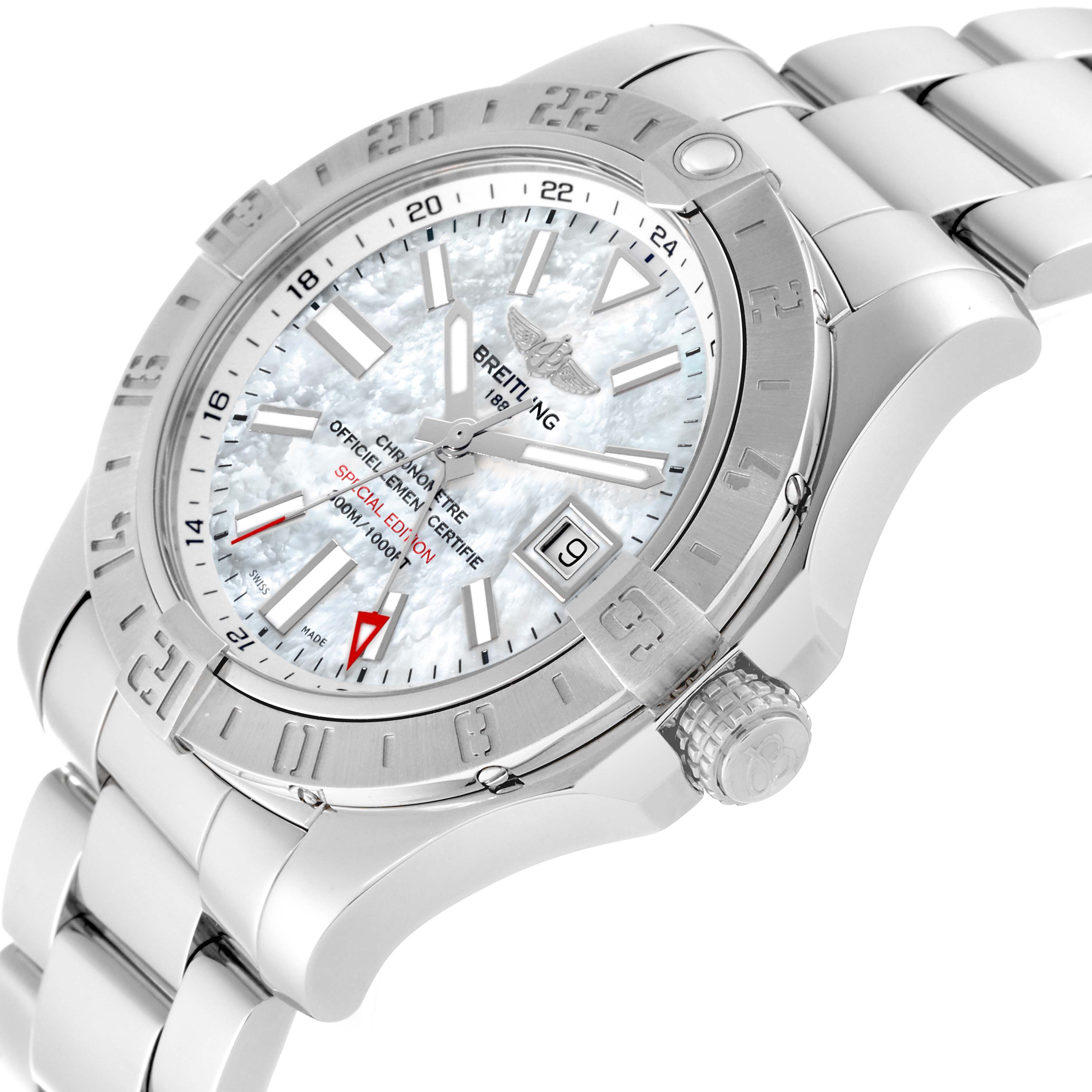 The image shows a Breitling Avenger A32390 Men's Stainless Steel Mother of Pearl Dial A32390 Men's Stainless Steel Mother of Pearl Dial watch angled to display the face, bezel, crown, and part of the bracelet.