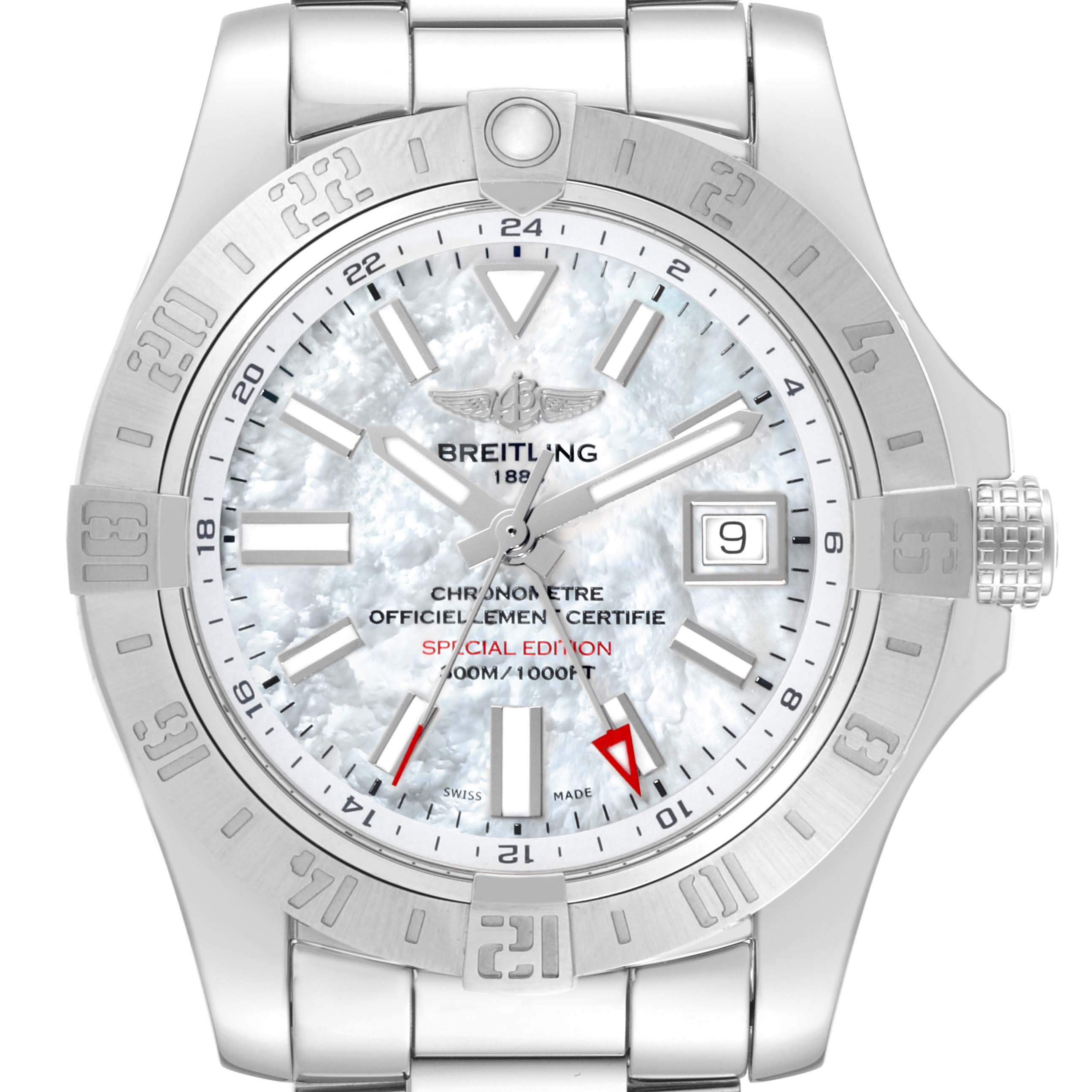 The Breitling Avenger A32390 Men's Stainless Steel Mother of Pearl Dial A32390 Men's Stainless Steel Mother of Pearl Dial watch is shown from the front, displaying its dial, bezel, and metallic bracelet.