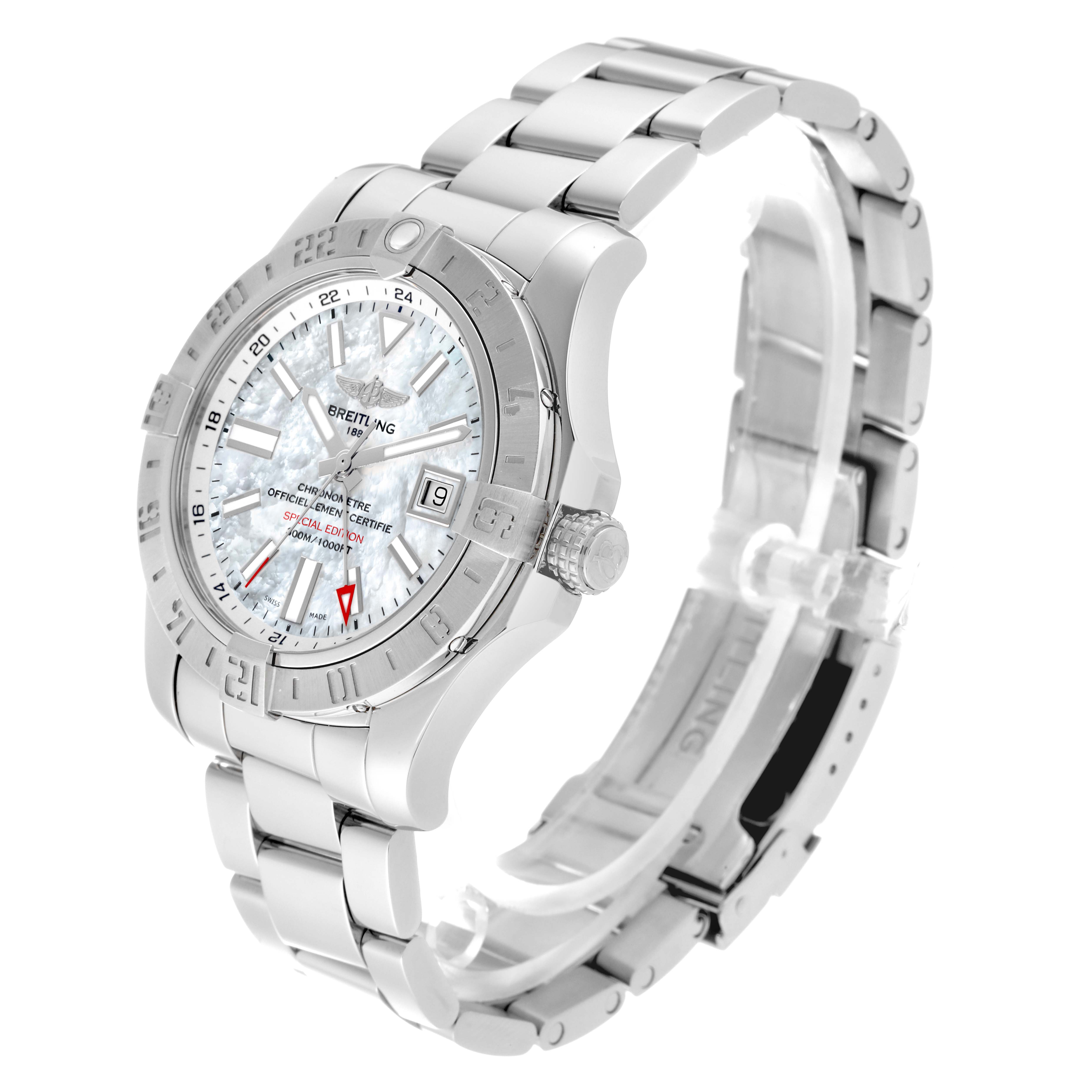 The Breitling Avenger A32390 Men's Stainless Steel Mother of Pearl Dial A32390 Men's Stainless Steel Mother of Pearl Dial watch is shown at an angle displaying its face, bezel, crown, and stainless steel bracelet.