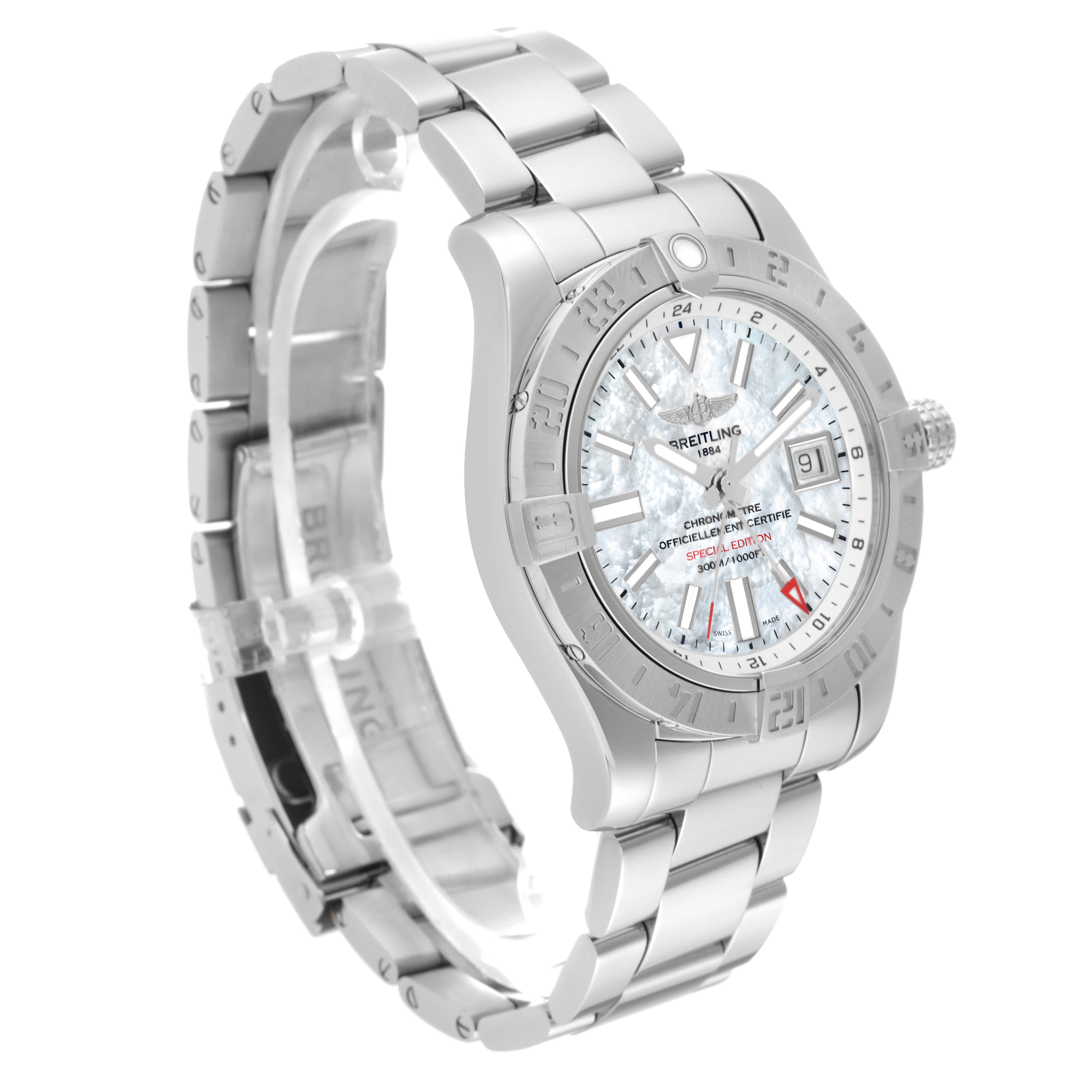 The image shows a Breitling Avenger A32390 Men's Stainless Steel Mother of Pearl Dial A32390 Men's Stainless Steel Mother of Pearl Dial watch angled from the front-left, displaying its face, bezel, crown, and part of the metal bracelet.