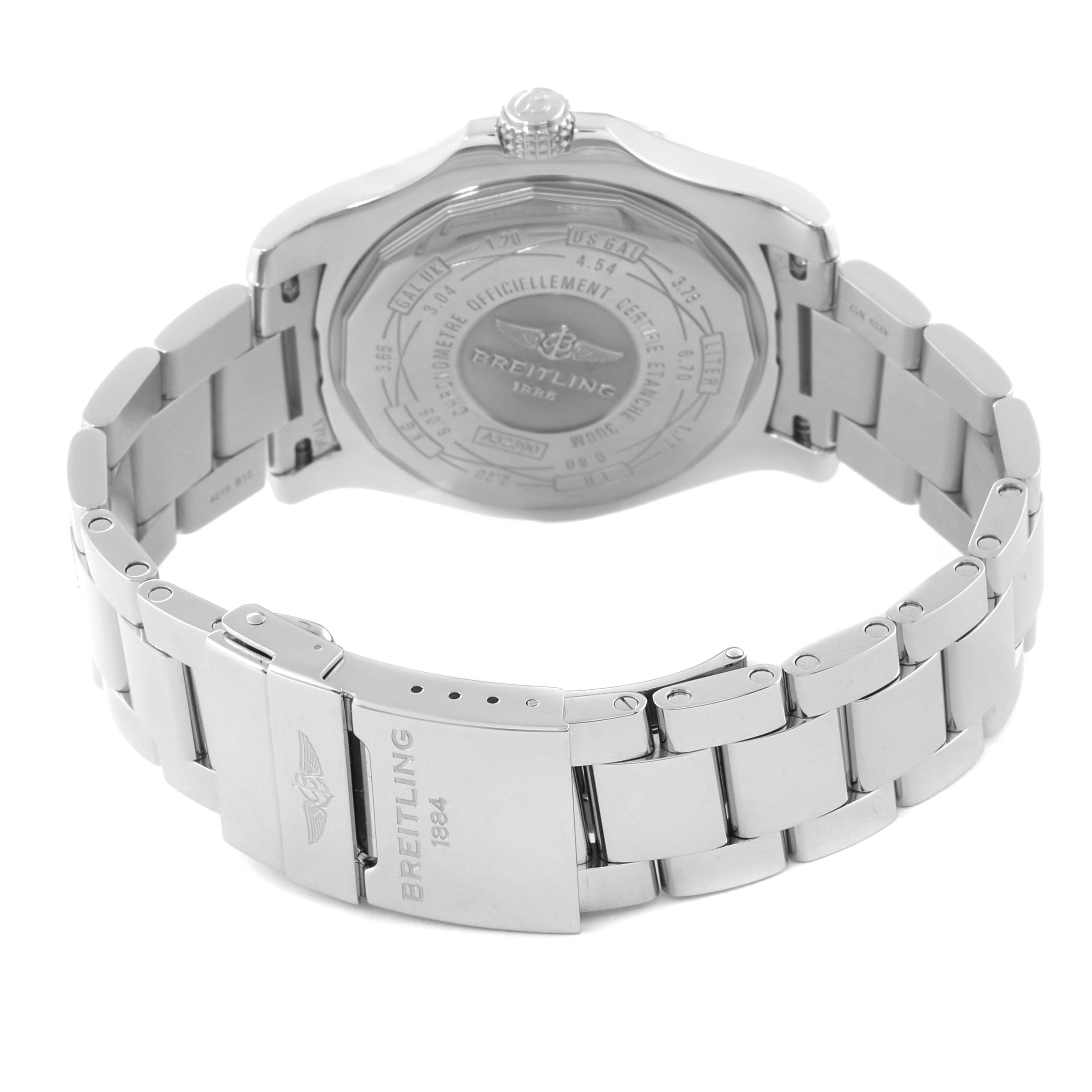This image shows the back and clasp of the Breitling Avenger A32390 Men's Stainless Steel Mother of Pearl Dial A32390 Men's Stainless Steel Mother of Pearl Dial watch, highlighting the case back and stainless steel bracelet.