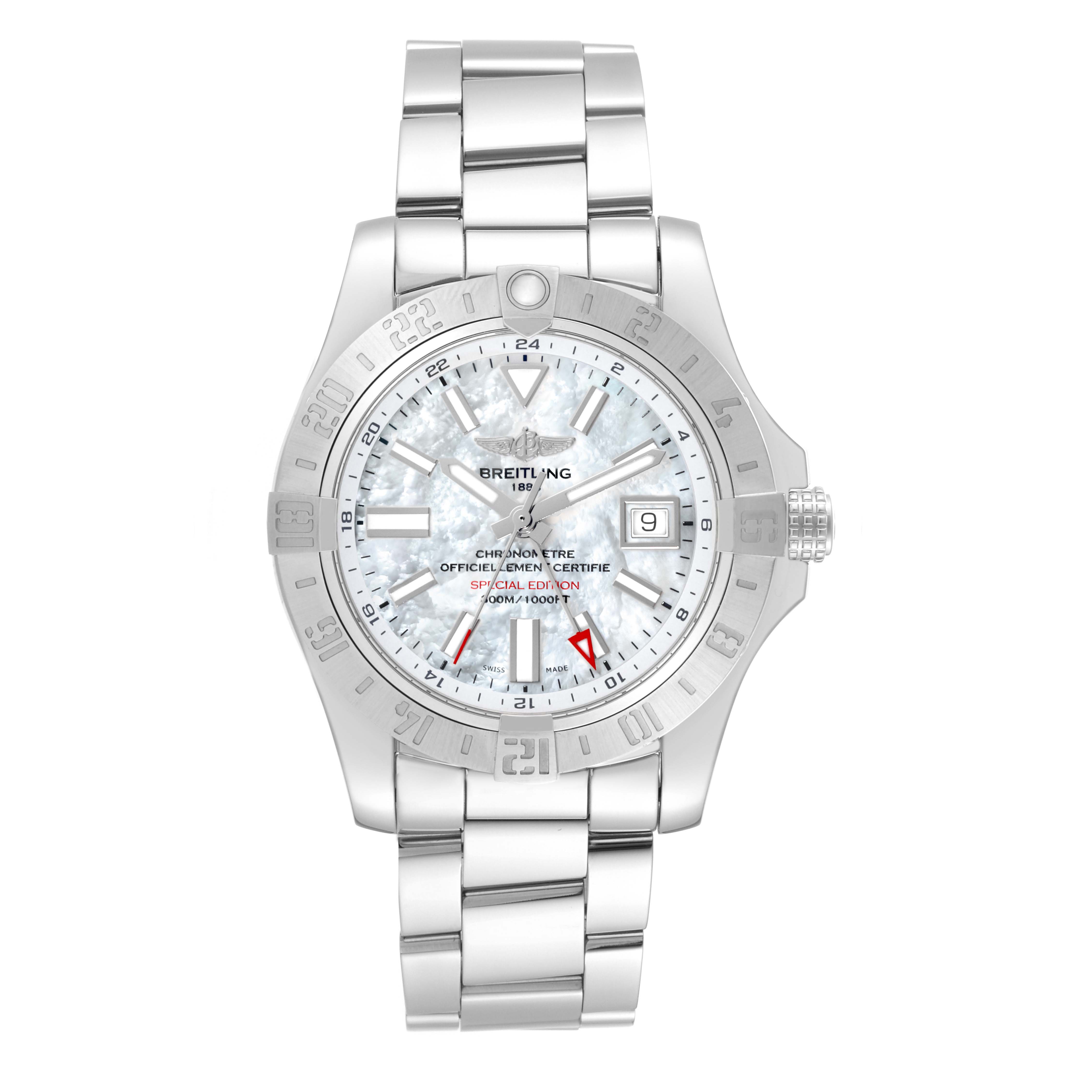 The image shows a front view of the Breitling Avenger A32390 Men's Stainless Steel Mother of Pearl Dial A32390 Men's Stainless Steel Mother of Pearl Dial watch, highlighting its dial, bezel, and metal bracelet.