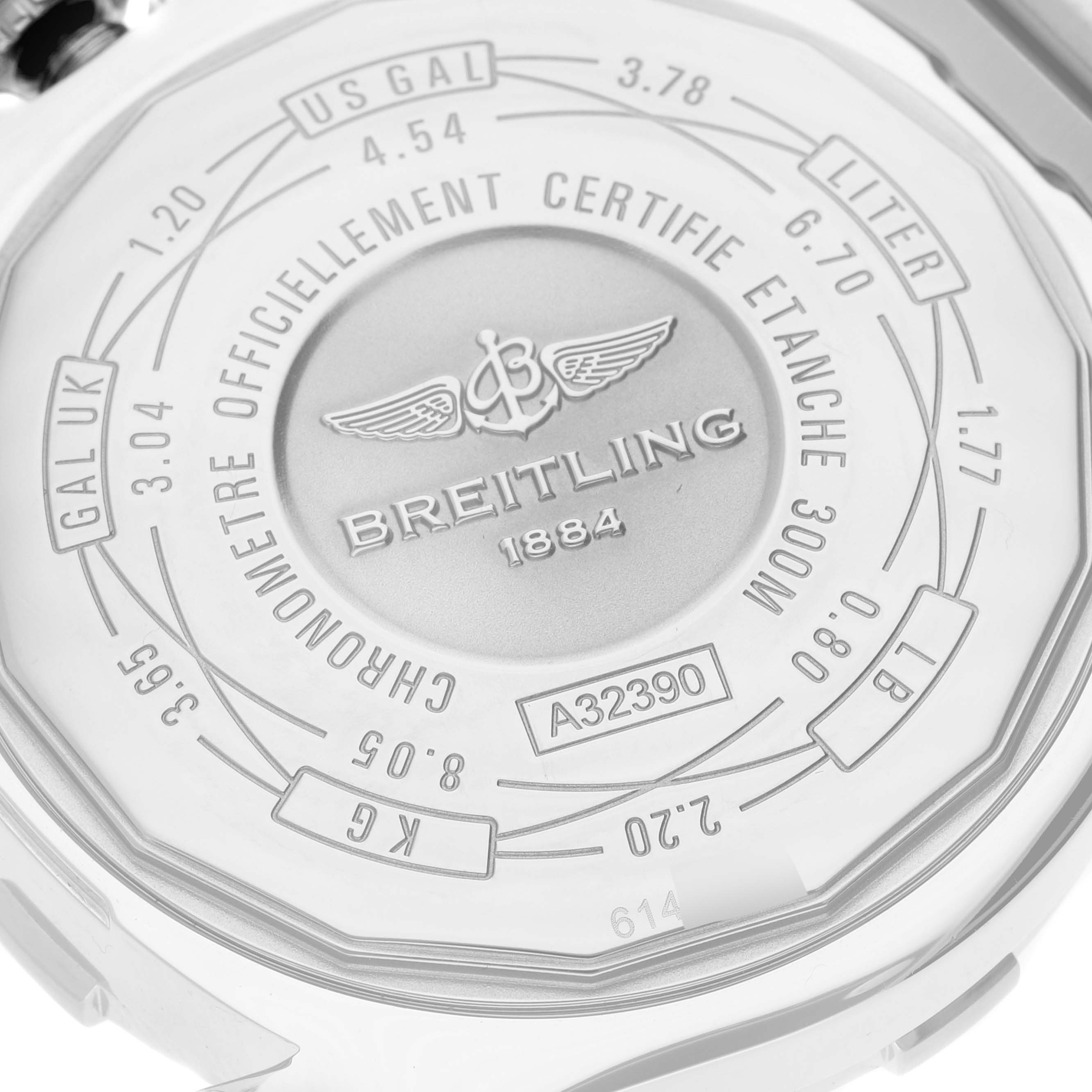 This image shows the back case of a Breitling Avenger A32390 Men's Stainless Steel Mother of Pearl Dial A32390 Men's Stainless Steel Mother of Pearl Dial watch with various engravings and specifications.