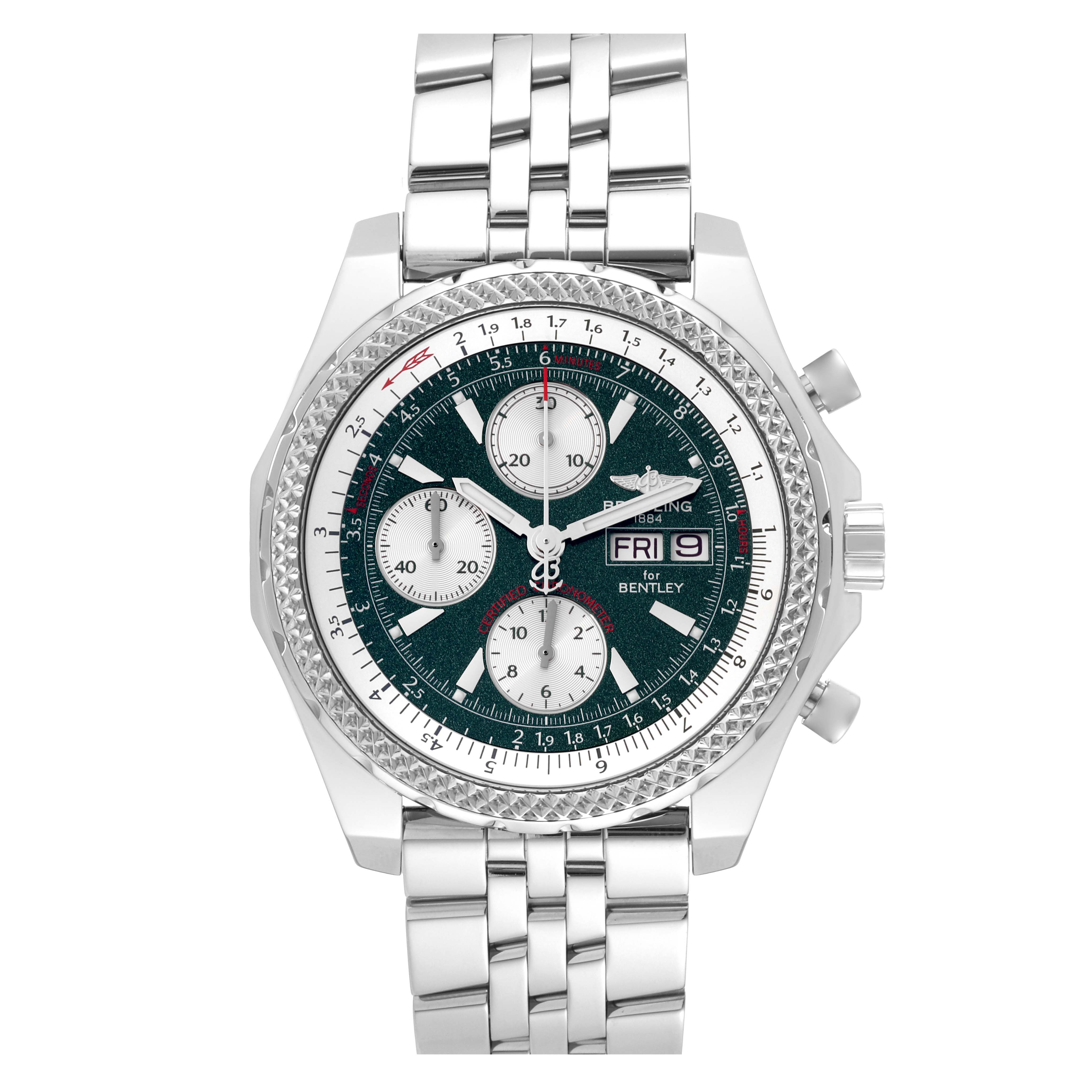 The image shows a front view of the Breitling Bentley A13362 Men's Stainless Steel Green Dial A13362 Men's Stainless Steel Green Dial watch, highlighting the dial, bracelet, and chronograph features.