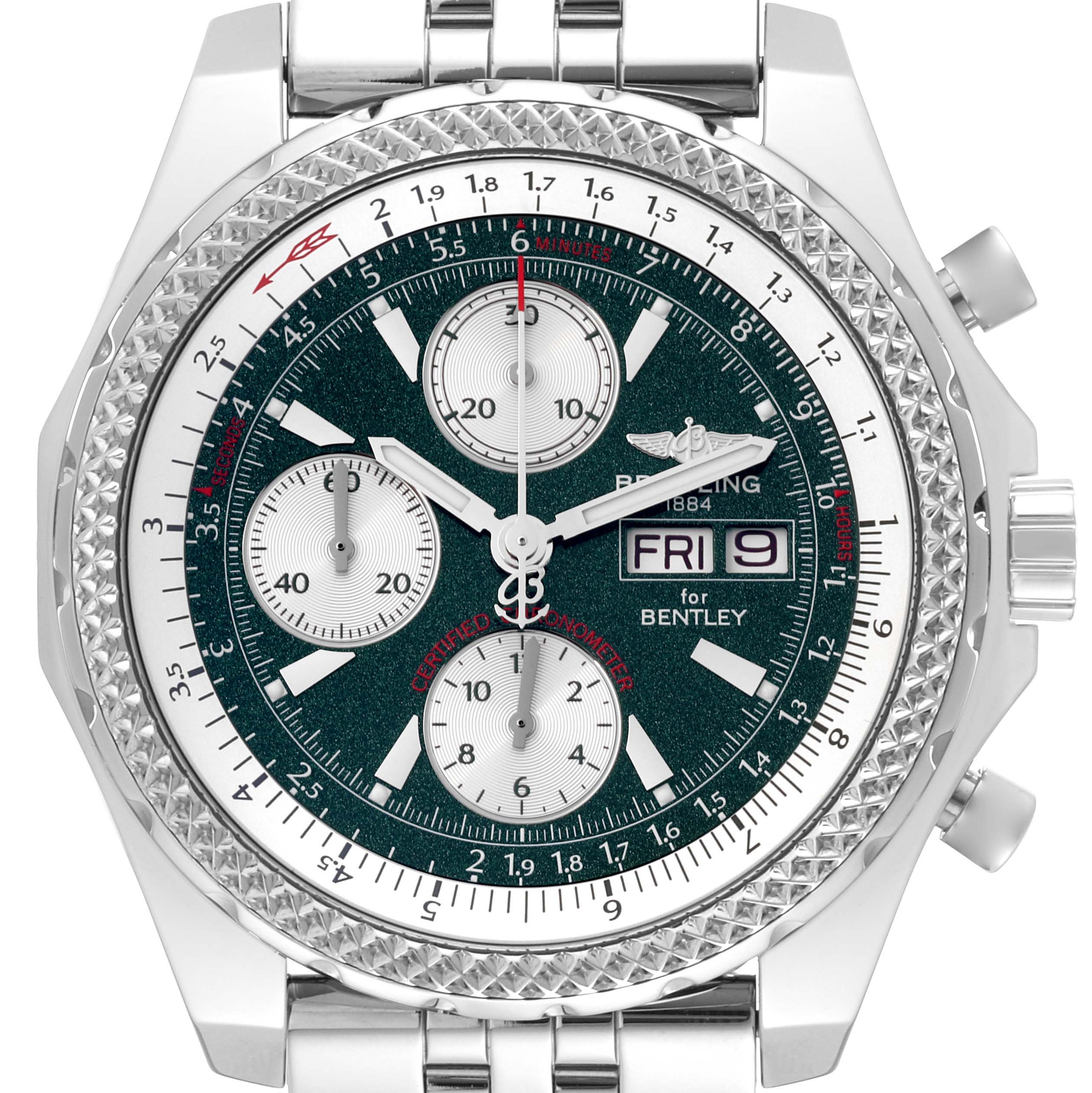 The image shows the face and bezel of a Breitling Bentley A13362 Men's Stainless Steel Green Dial A13362 Men's Stainless Steel Green Dial model watch from a front angle.