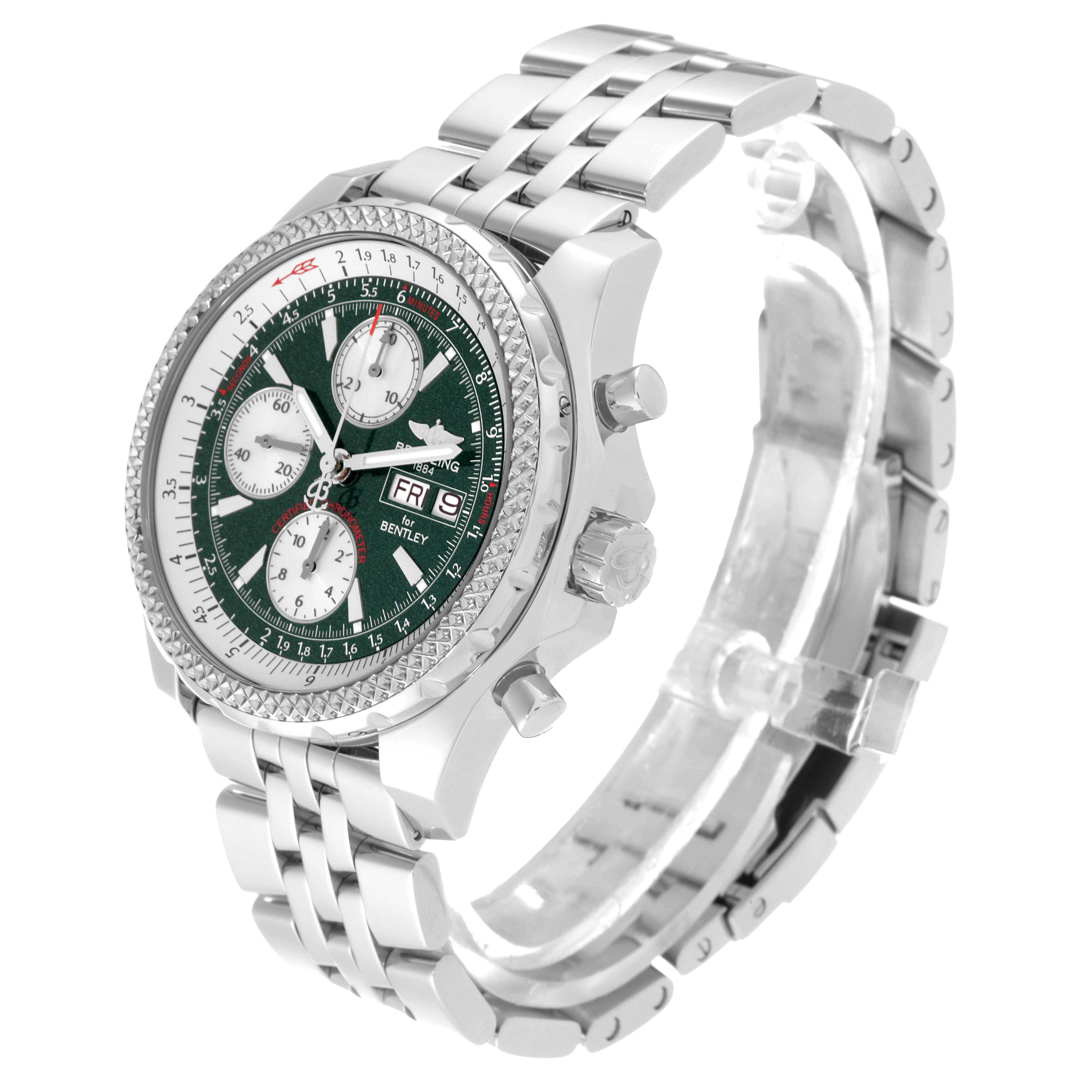 The image shows a Breitling Bentley A13362 Men's Stainless Steel Green Dial A13362 Men's Stainless Steel Green Dial watch at an angle highlighting its face, bracelet, and side buttons.