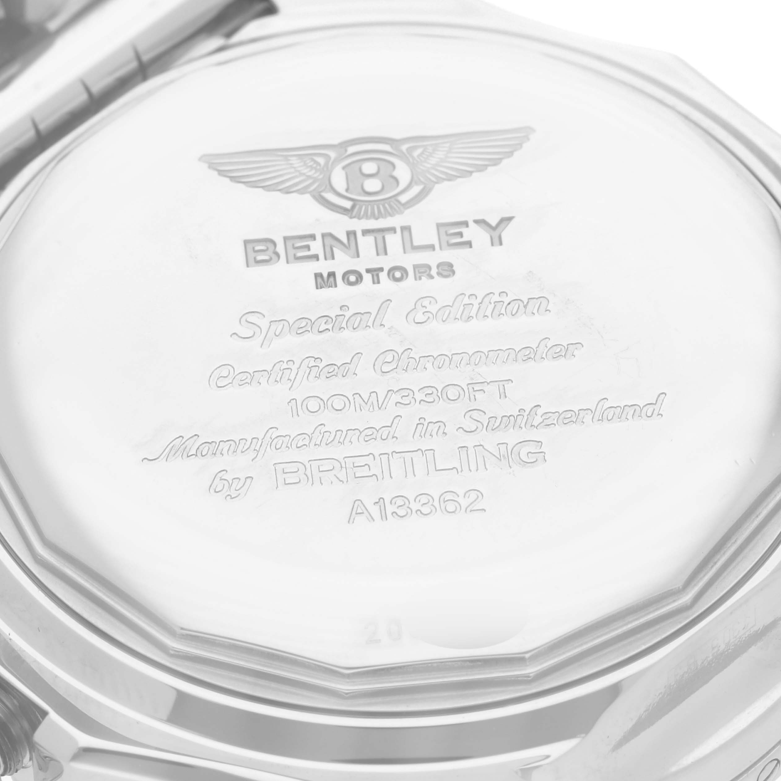 This image shows the back cover of a Bentley watch model by Breitling, highlighting its special edition engraving.