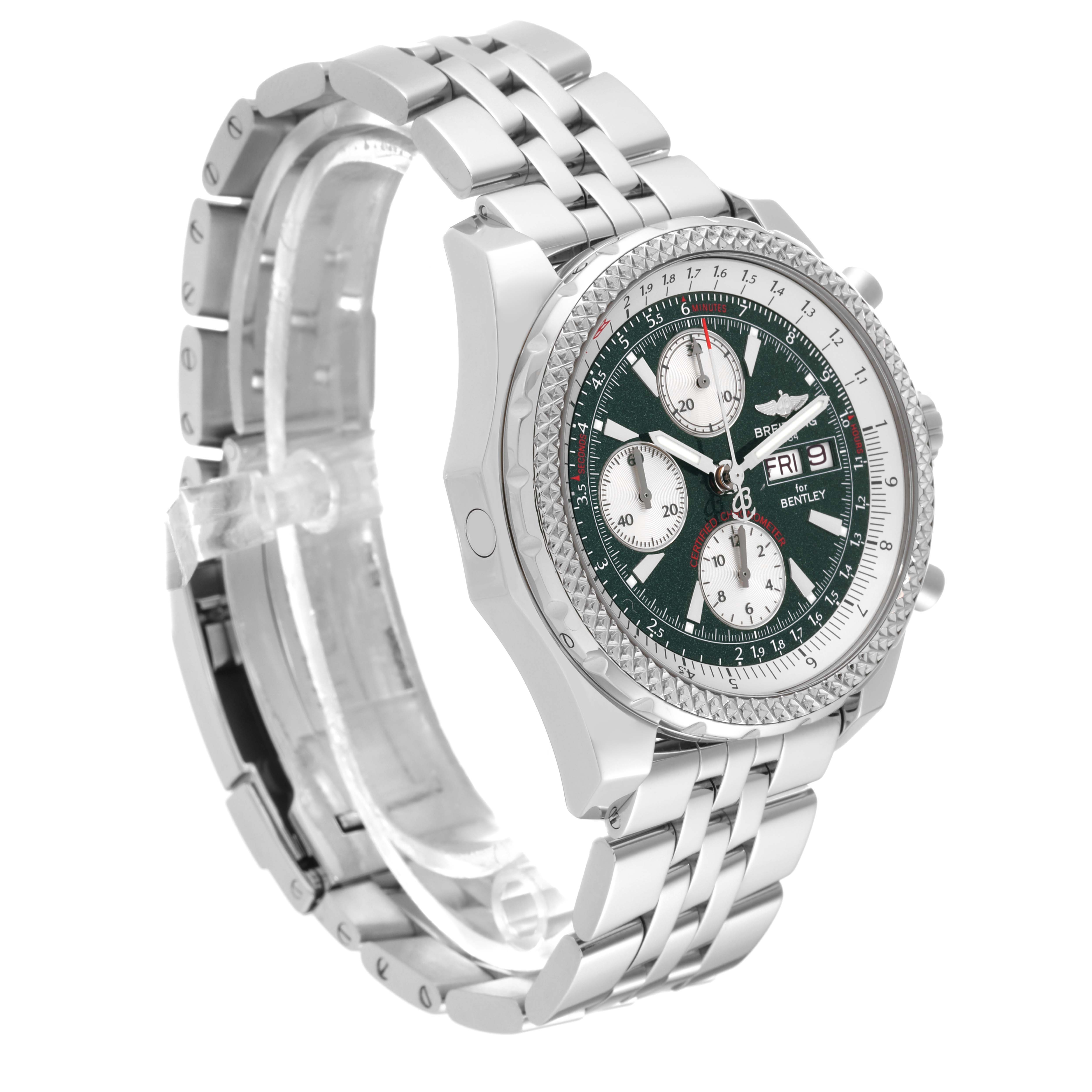 This image shows a Breitling Bentley A13362 Men's Stainless Steel Green Dial A13362 Men's Stainless Steel Green Dial watch at an angle highlighting the face, case, and part of the metal bracelet.