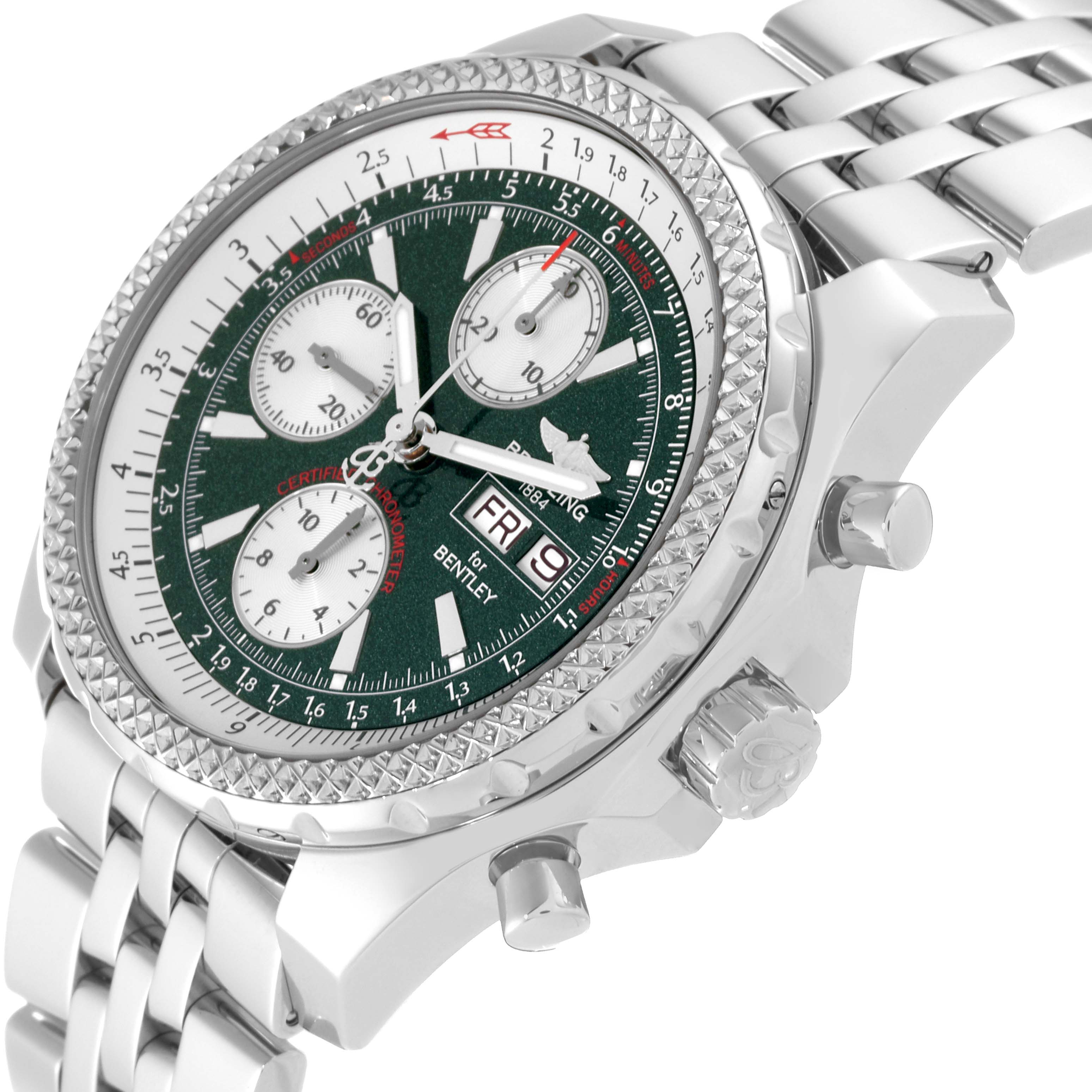 The image shows a close-up of the Bentley model by Breitling, highlighting the dial, bezel, and bracelet from a side angle.