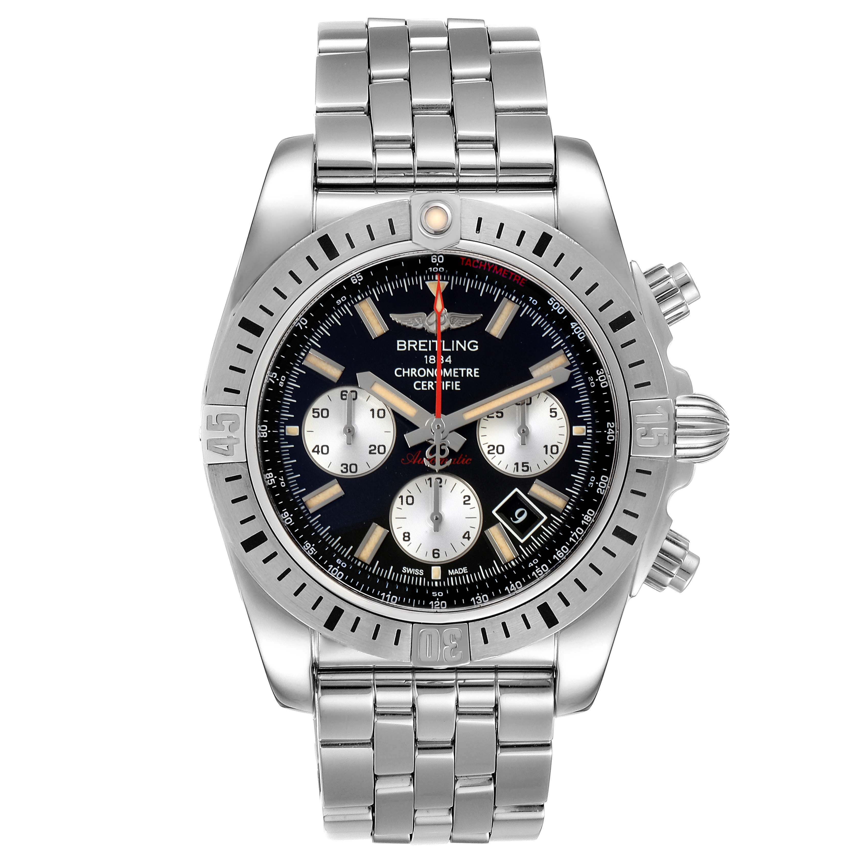 The Breitling Chronomat AB01154G/BD13 Men
s Stainless Steel Black Dial AB01154G/BD13 Men
s Stainless Steel Black Dial watch is shown from a front angle, displaying the face, bezel, crown, and part of the metal bracelet.