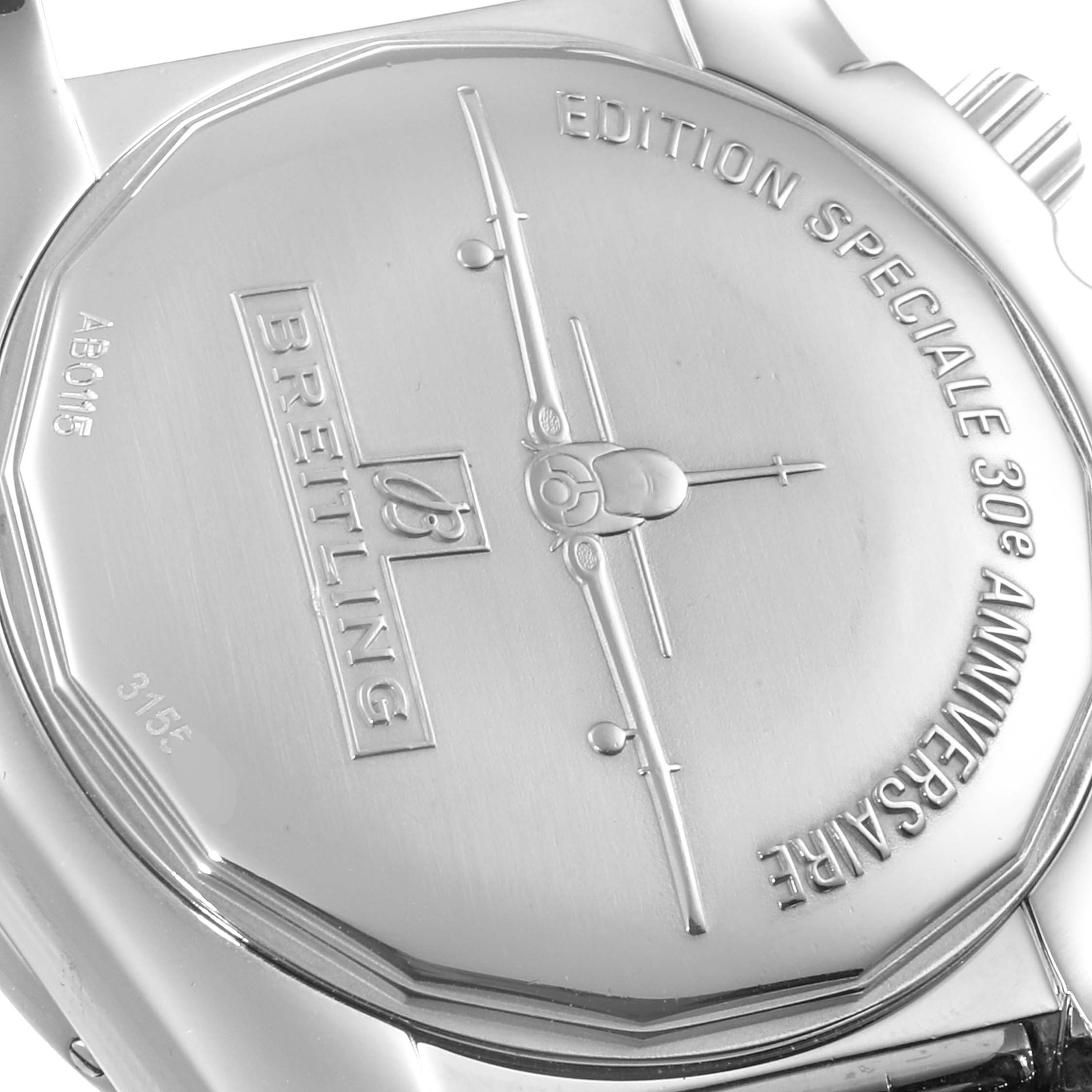 The image shows the case back of a Breitling Chronomat AB01154G/BD13 Men
s Stainless Steel Black Dial AB01154G/BD13 Men
s Stainless Steel Black Dial watch with special edition engravings.