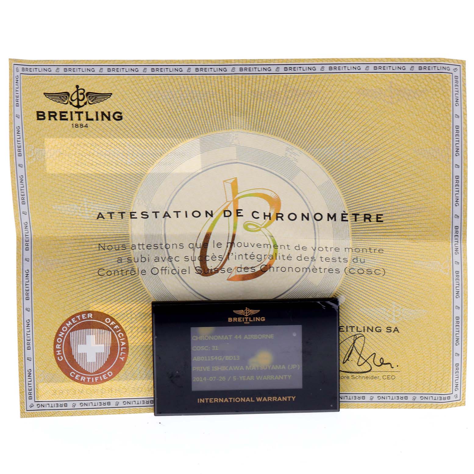 The image shows a Breitling Chronomat AB01154G/BD13 Men
s Stainless Steel Black Dial AB01154G/BD13 Men
s Stainless Steel Black Dial document set, including a chronometer certificate and international warranty card.