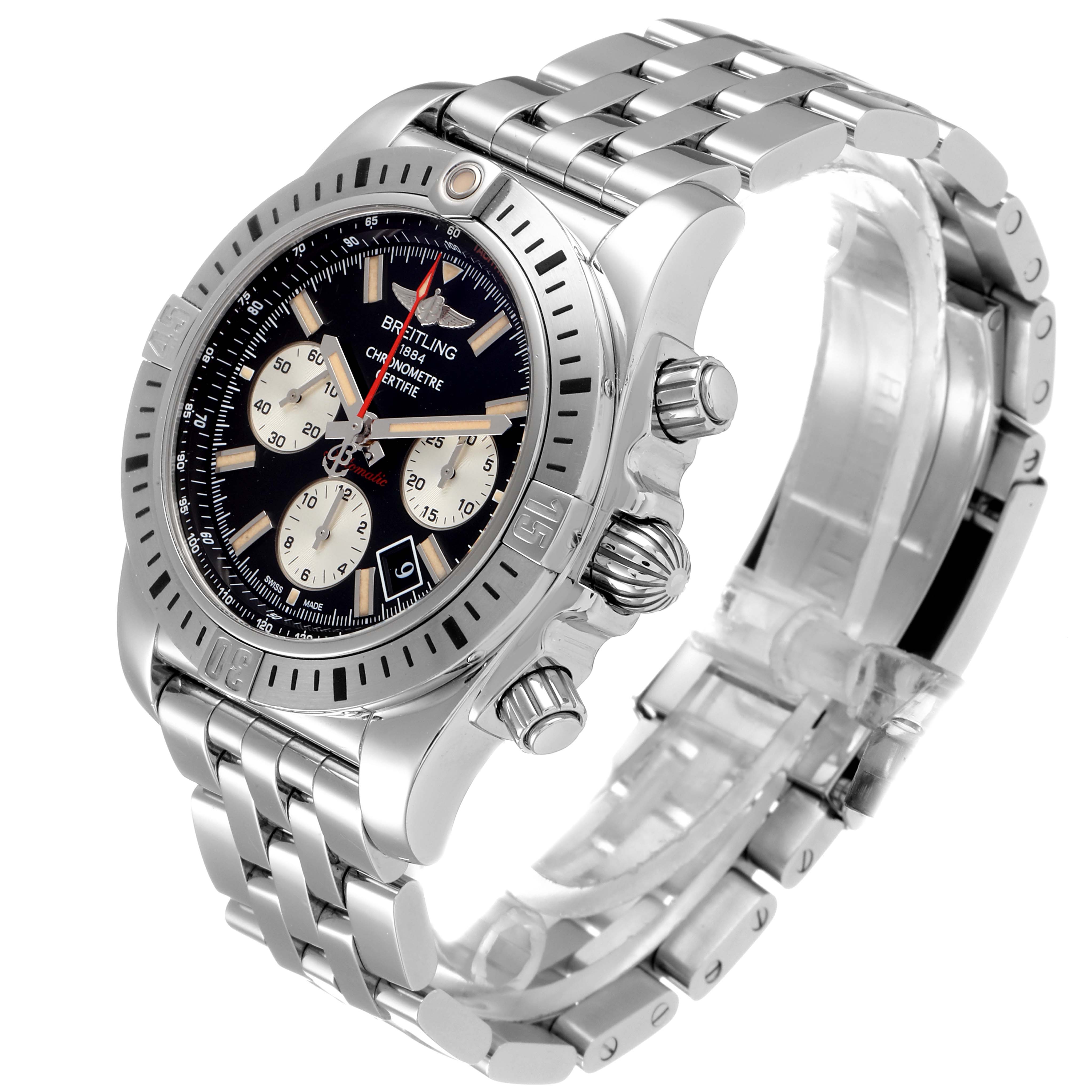The Breitling Chronomat AB01154G/BD13 Men
s Stainless Steel Black Dial AB01154G/BD13 Men
s Stainless Steel Black Dial watch is shown at an oblique angle, highlighting the face, bezel, crown, and stainless steel bracelet.