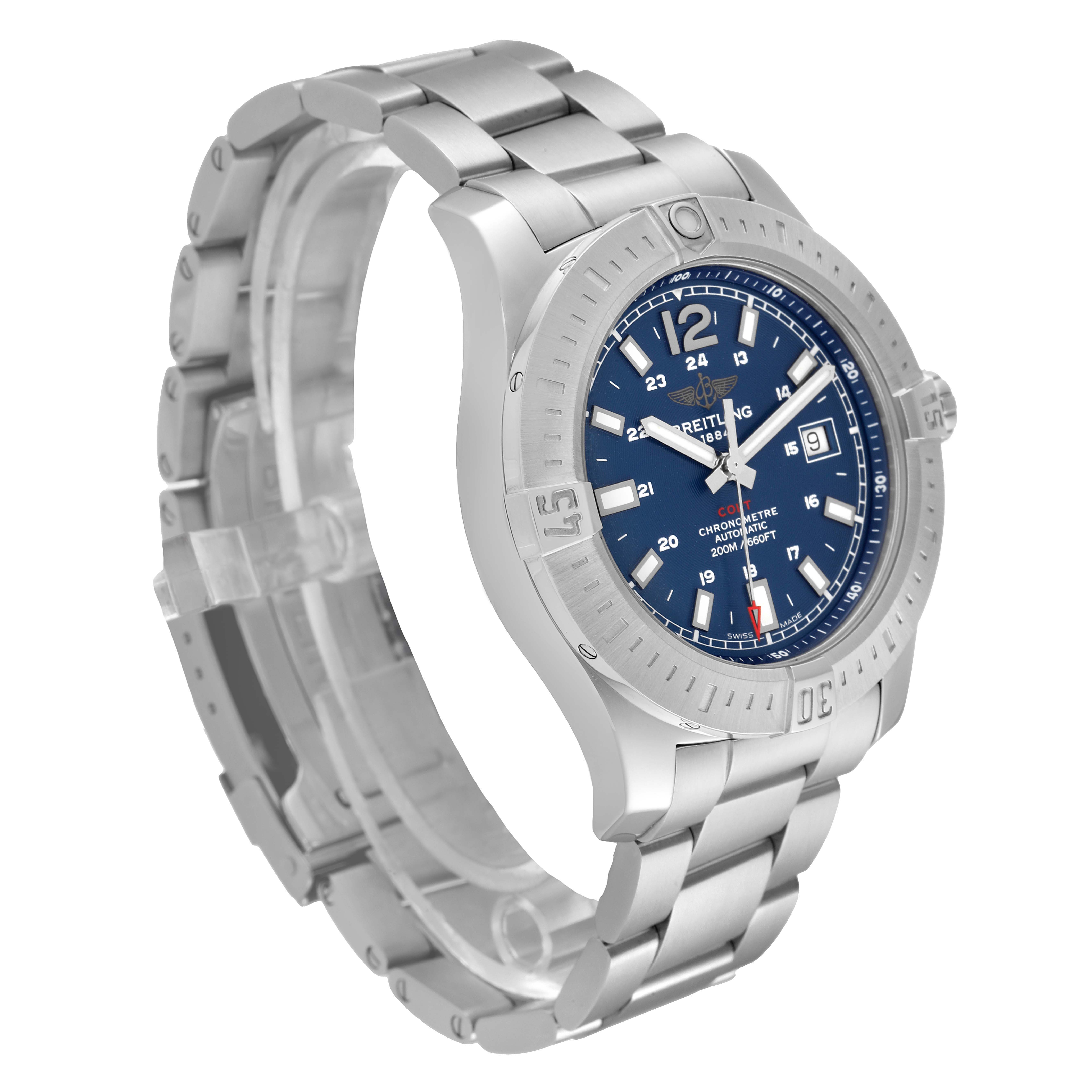 This image shows a Breitling Colt A17388 Men's Stainless Steel Blue Dial A17388 Men's Stainless Steel Blue Dial model watch at a three-quarter angle, displaying the face, bezel, and metal bracelet.