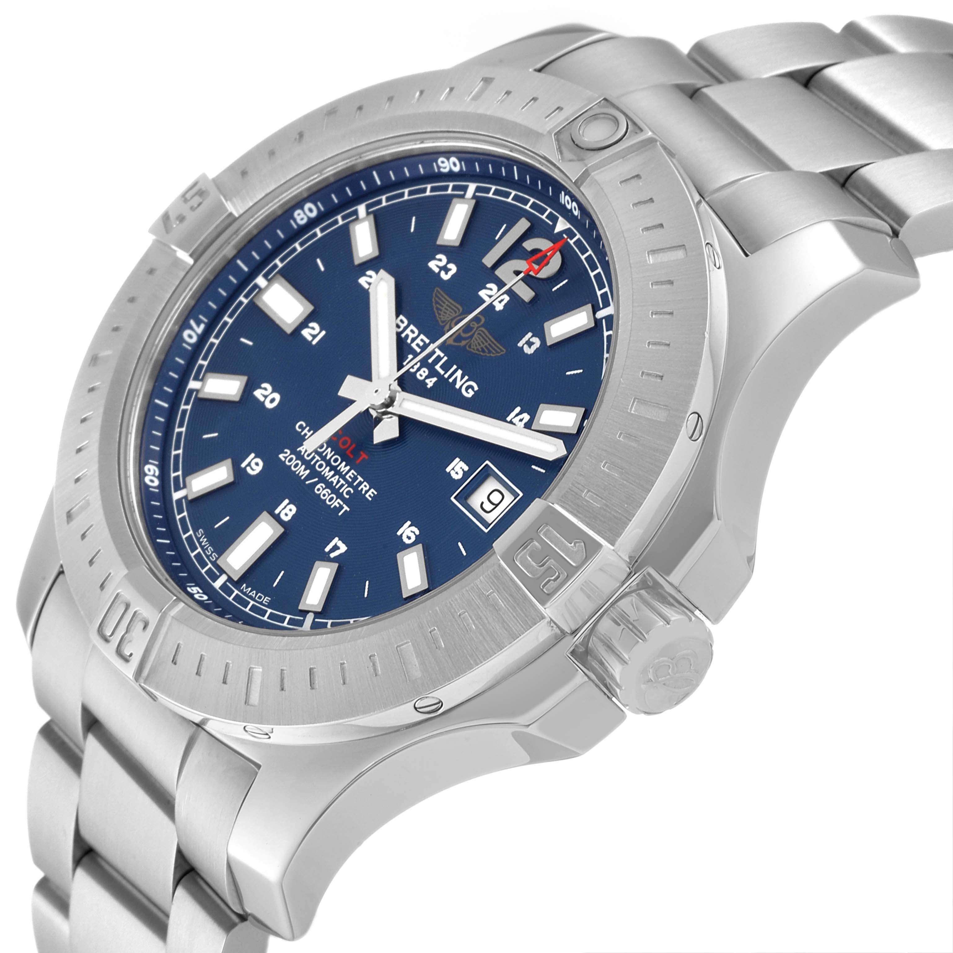 The Breitling Colt A17388 Men's Stainless Steel Blue Dial A17388 Men's Stainless Steel Blue Dial watch is shown at an angled close-up, highlighting the dial, bezel, and part of the bracelet.