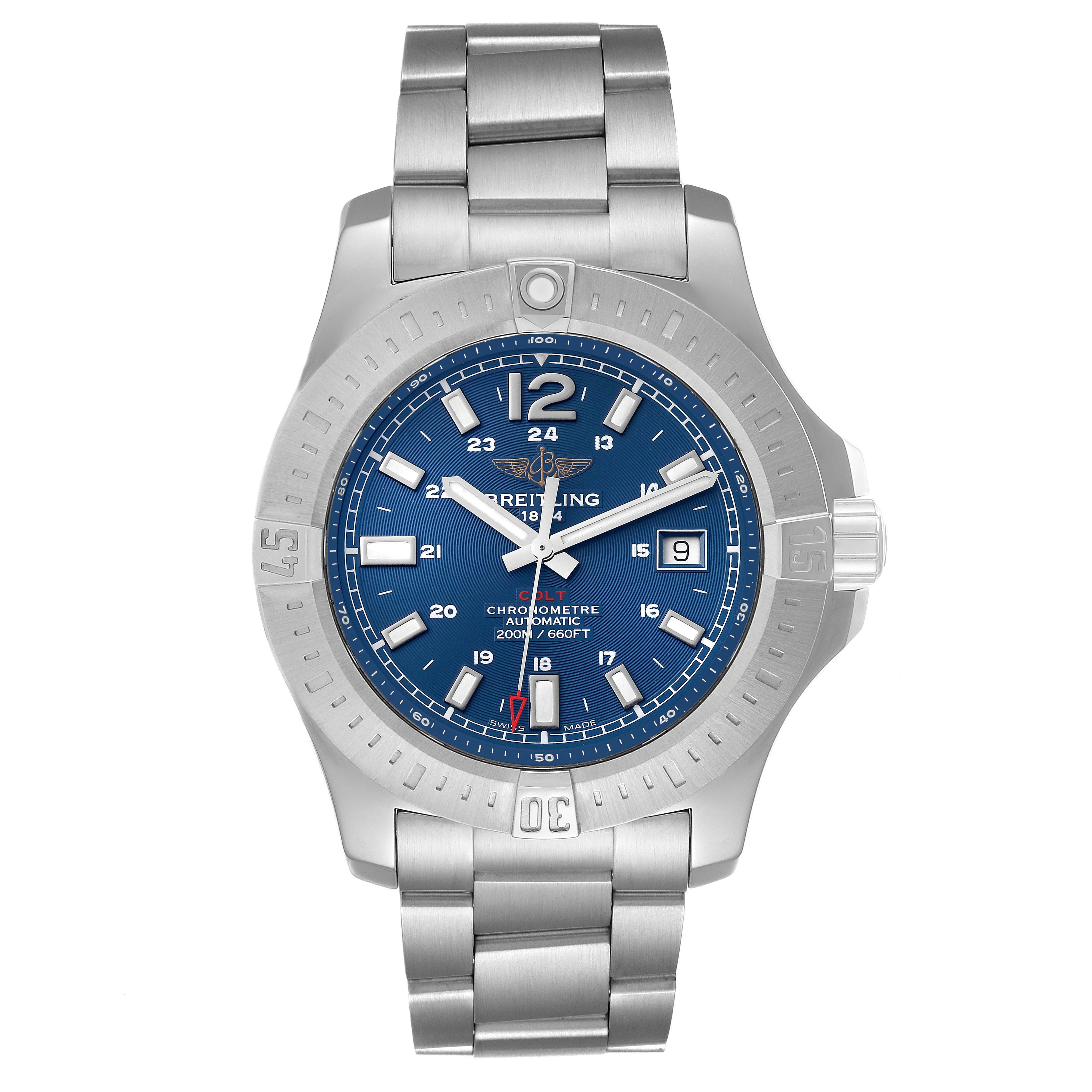 This image shows a Breitling Colt A17388 Men's Stainless Steel Blue Dial A17388 Men's Stainless Steel Blue Dial watch from a front angle, highlighting the blue dial, bezel, and metal bracelet.