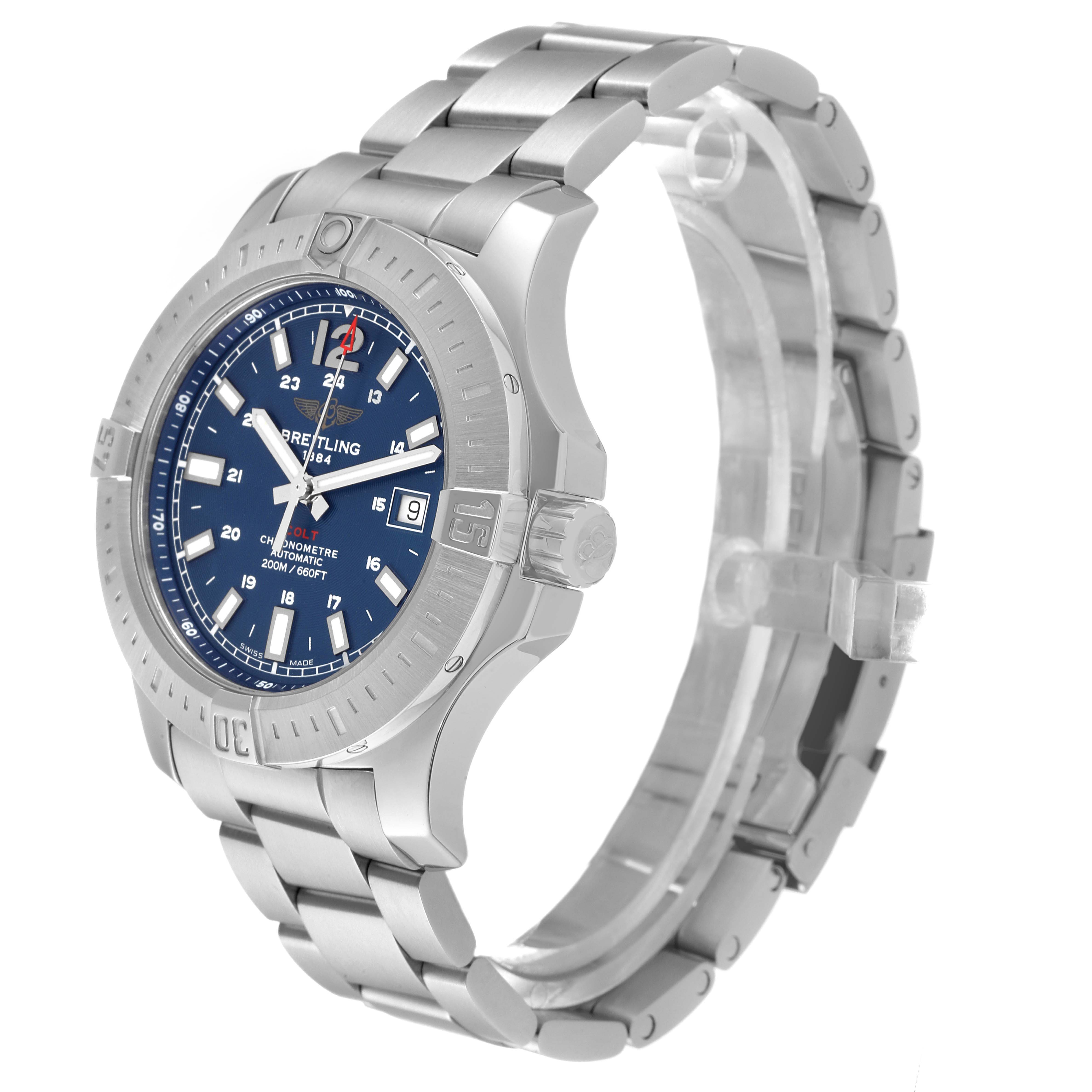 The image shows a Breitling Colt A17388 Men's Stainless Steel Blue Dial A17388 Men's Stainless Steel Blue Dial watch from an angled side view, highlighting the blue dial, bezel, crown, and metal bracelet.