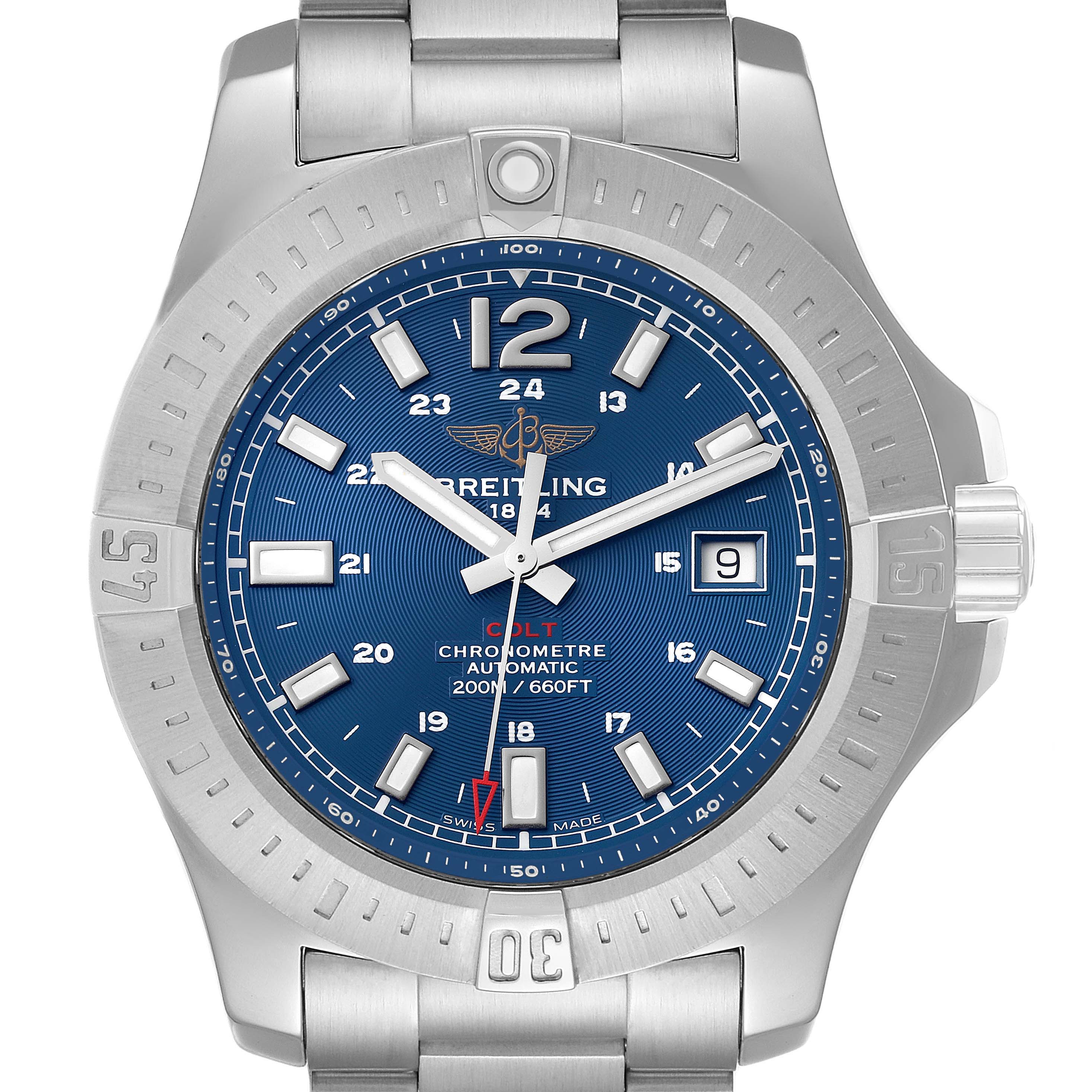 The image shows a front view of the Breitling Colt A17388 Men's Stainless Steel Blue Dial A17388 Men's Stainless Steel Blue Dial watch, highlighting its blue dial, date display, and stainless steel case and bracelet.