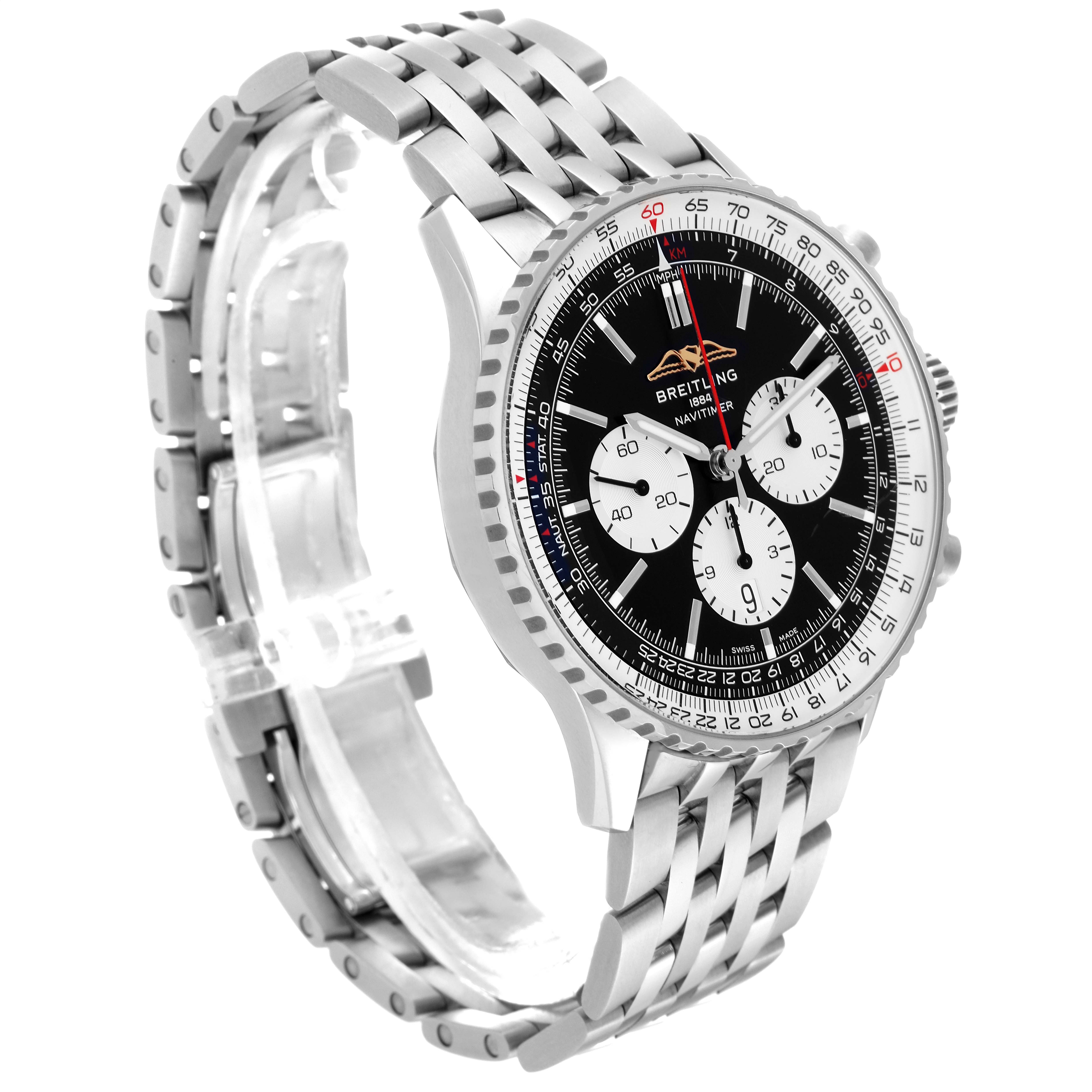 The image shows a Breitling Navitimer AB0137211B1A1 Men
s Stainless Steel Black Dial AB0137211B1A1 Men
s Stainless Steel Black Dial watch at a slight angle, highlighting the face, bezel, and metal bracelet.
