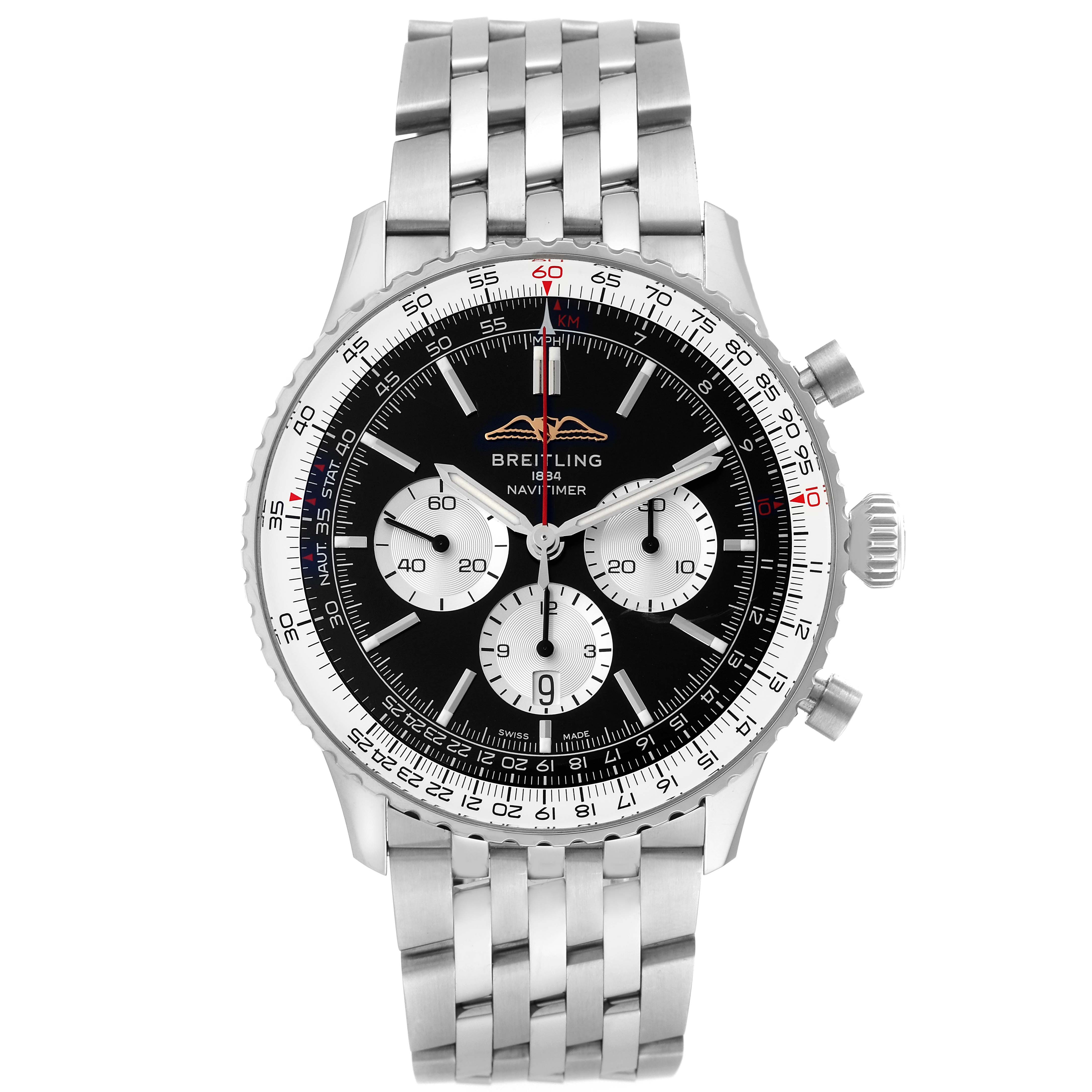 The photo shows a front view of the Breitling Navitimer AB0137211B1A1 Men
s Stainless Steel Black Dial AB0137211B1A1 Men
s Stainless Steel Black Dial watch, featuring its face, bezel, and metal bracelet.