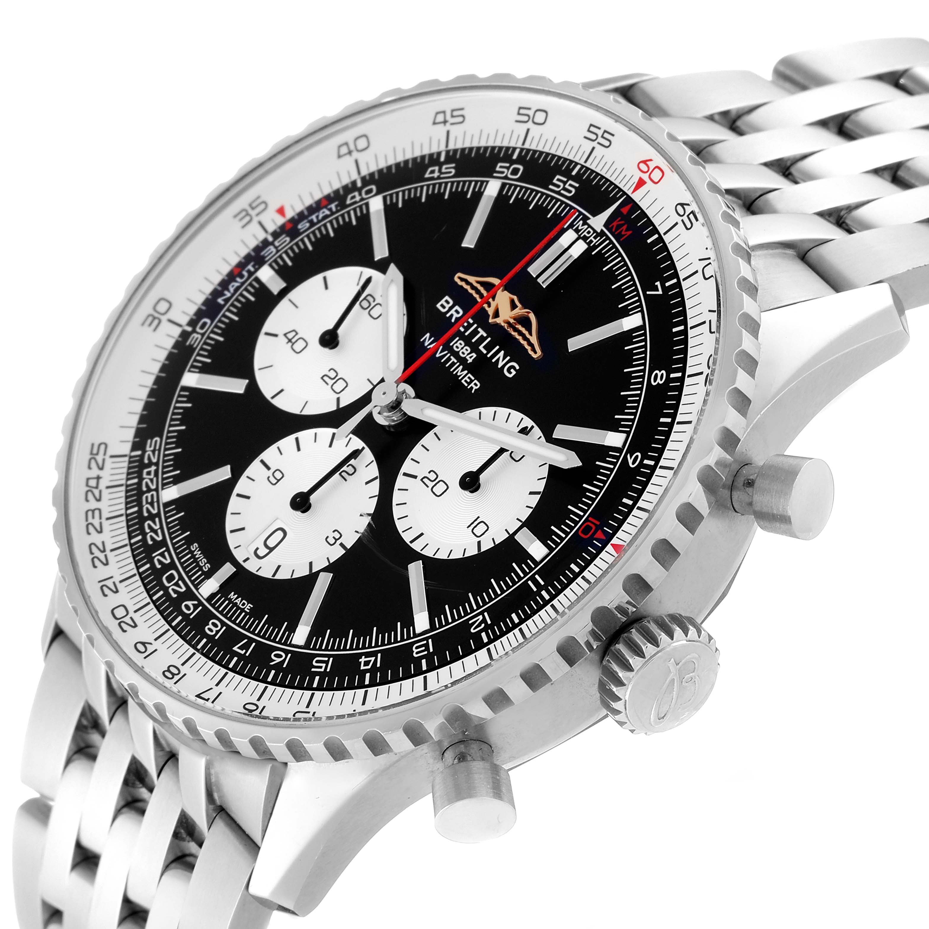 The image shows the Breitling Navitimer AB0137211B1A1 Men
s Stainless Steel Black Dial AB0137211B1A1 Men
s Stainless Steel Black Dial watch from a three-quarter angle highlighting the dial, crown, pushers, and bracelet.