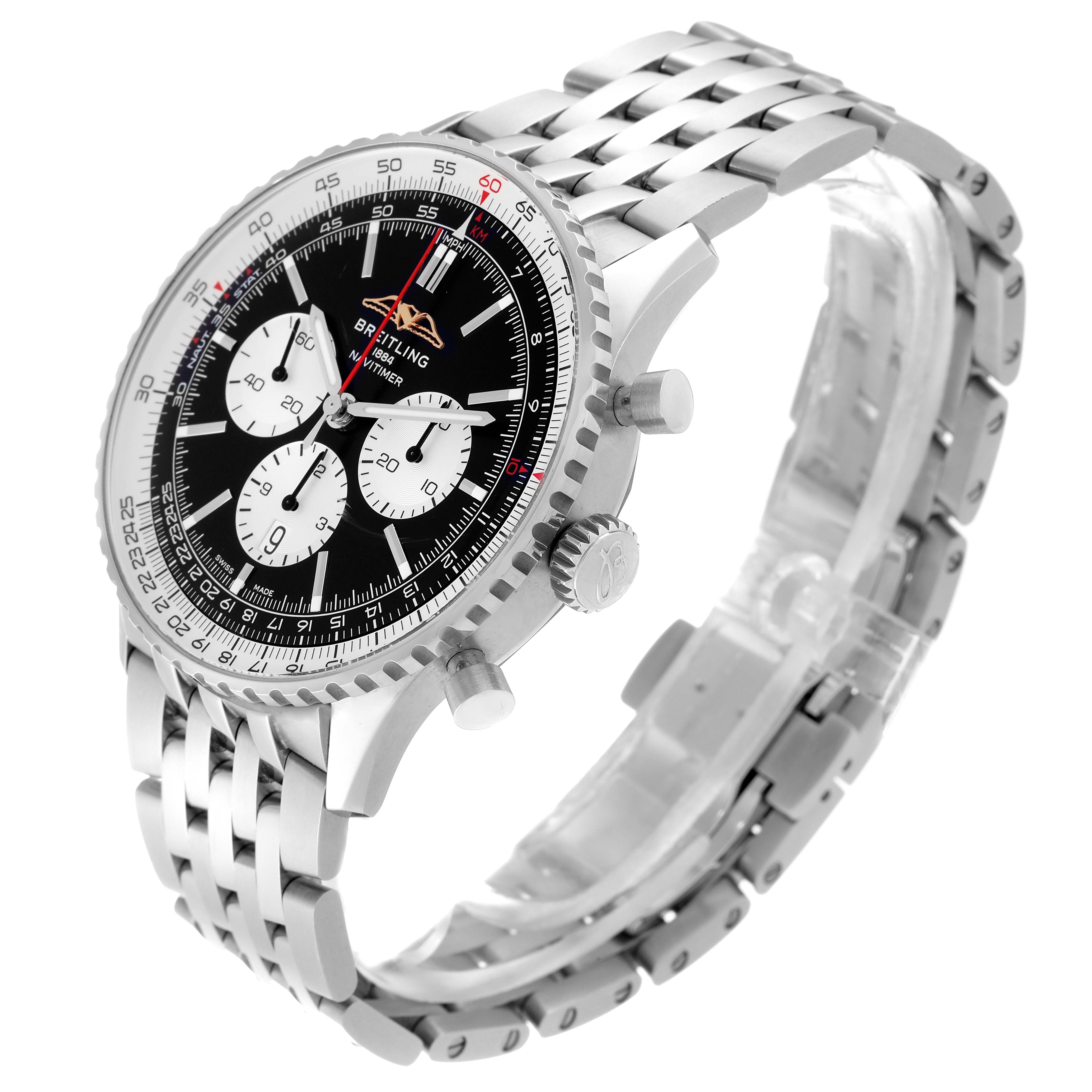 The Breitling Navitimer AB0137211B1A1 Men
s Stainless Steel Black Dial AB0137211B1A1 Men
s Stainless Steel Black Dial watch is shown at an angle focusing on its face, crown, chronograph pushers, and metal bracelet.
