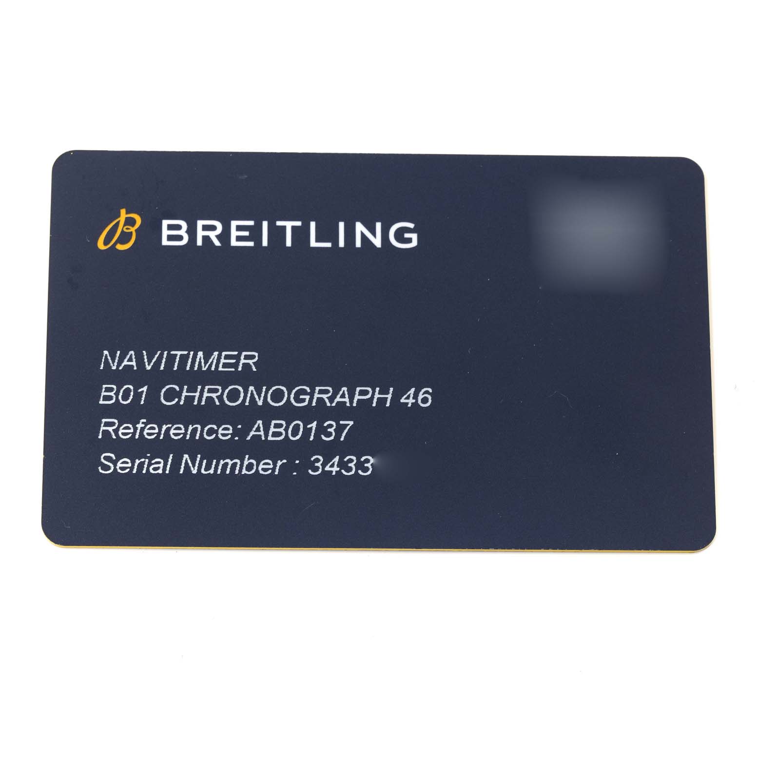 This is an identification card for the Breitling Navitimer AB0137211B1A1 Men
s Stainless Steel Black Dial AB0137211B1A1 Men
s Stainless Steel Black Dial B01 Chronograph 46, displaying the model name, reference, and serial number.