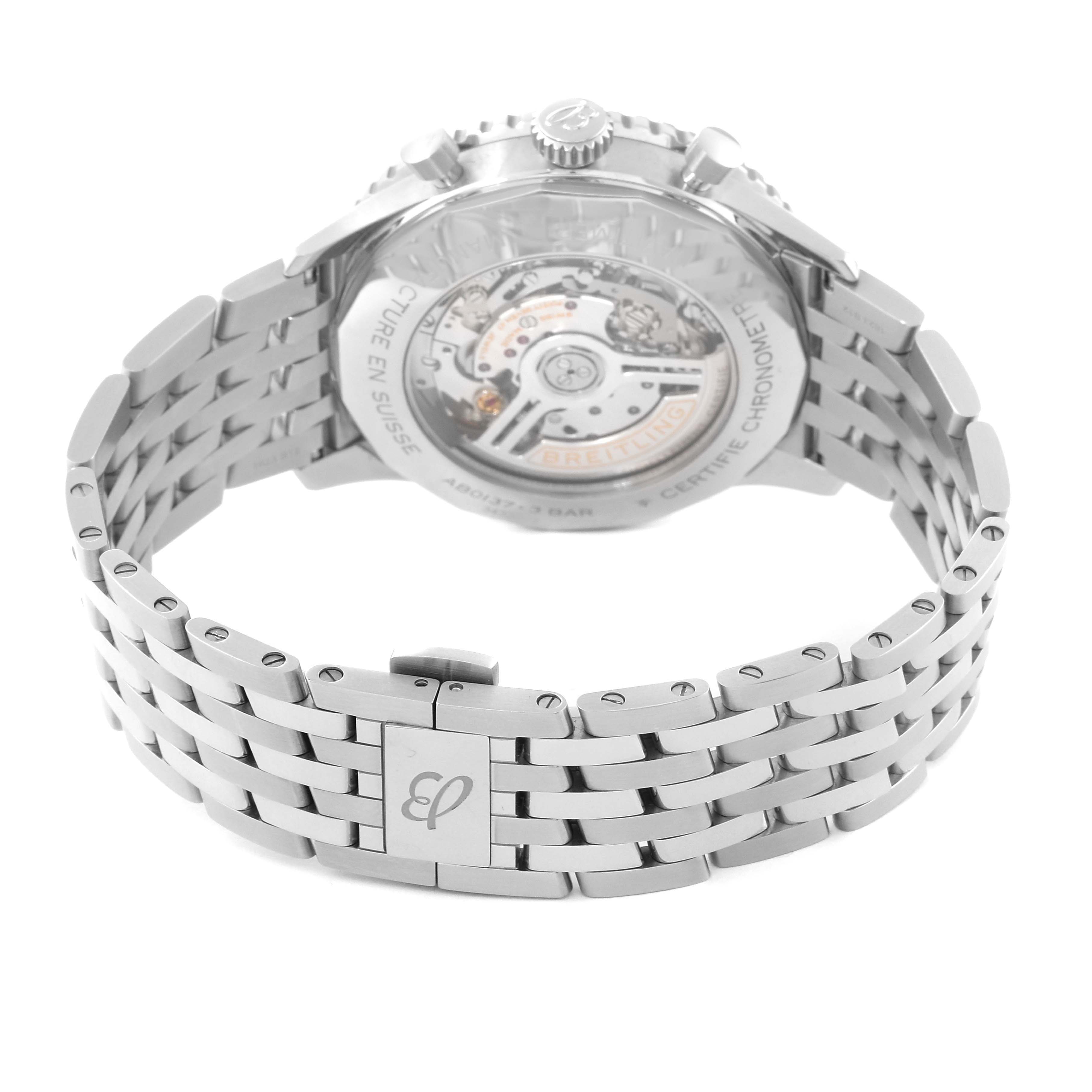 The image shows the back and bracelet of the Breitling Navitimer AB0137211B1A1 Men
s Stainless Steel Black Dial AB0137211B1A1 Men
s Stainless Steel Black Dial watch, highlighting the watch
s movement and clasp.