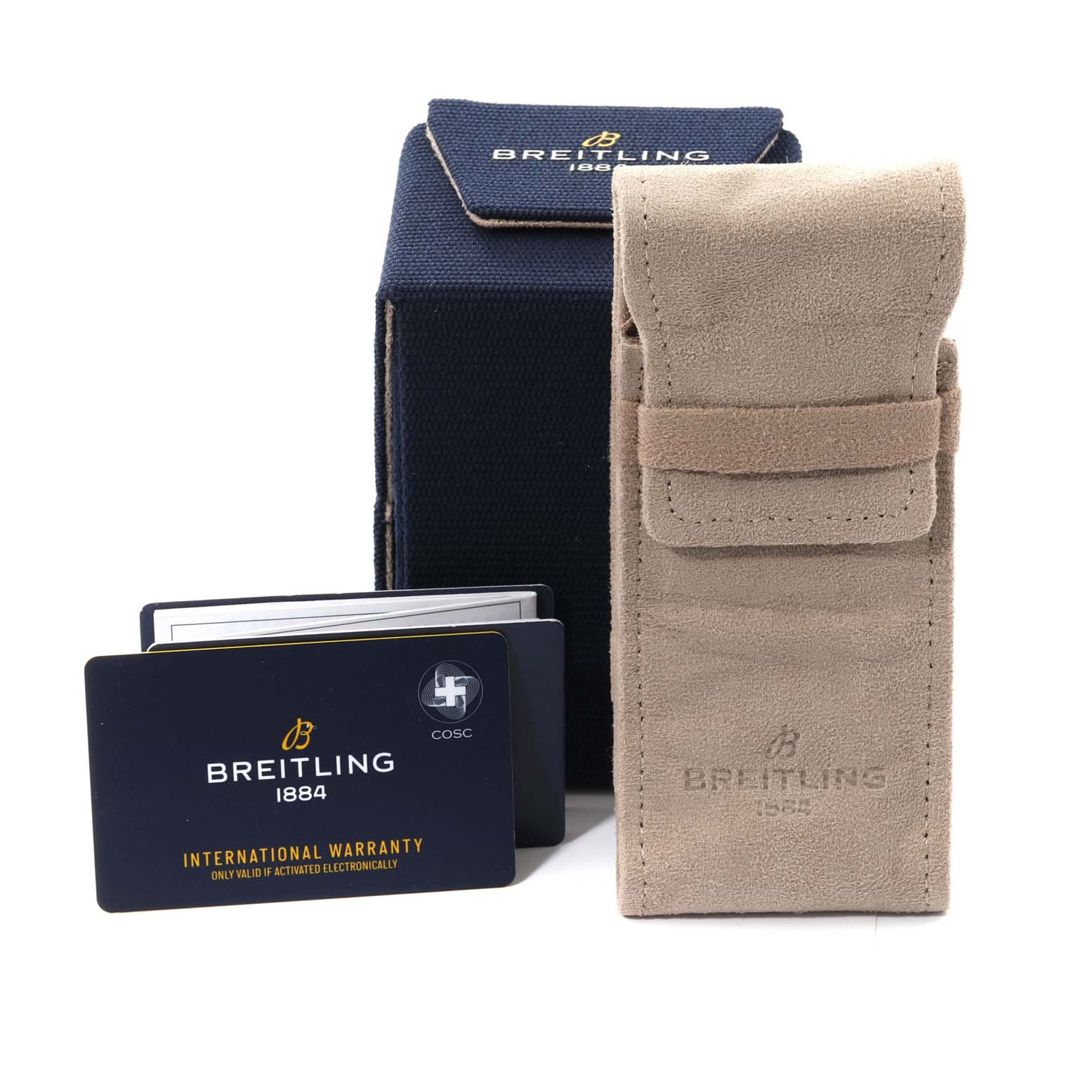 The image shows a Breitling Navitimer AB0137211B1A1 Men
s Stainless Steel Black Dial AB0137211B1A1 Men
s Stainless Steel Black Dial watch box with a carrying pouch and International Warranty cards.