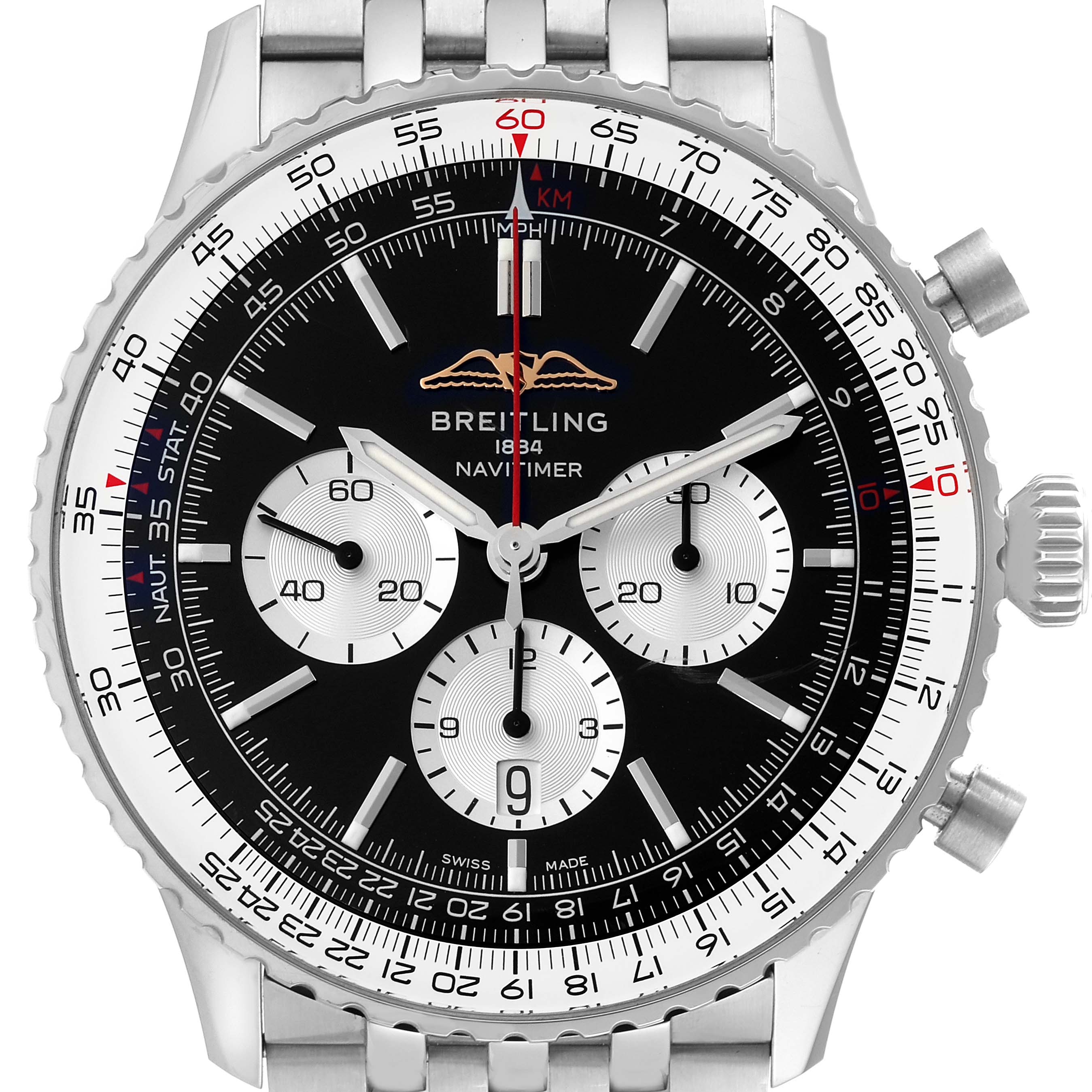 The image shows a front view of the Breitling Navitimer AB0137211B1A1 Men
s Stainless Steel Black Dial AB0137211B1A1 Men
s Stainless Steel Black Dial watch, highlighting its dial, subdials, bezel, and crown.