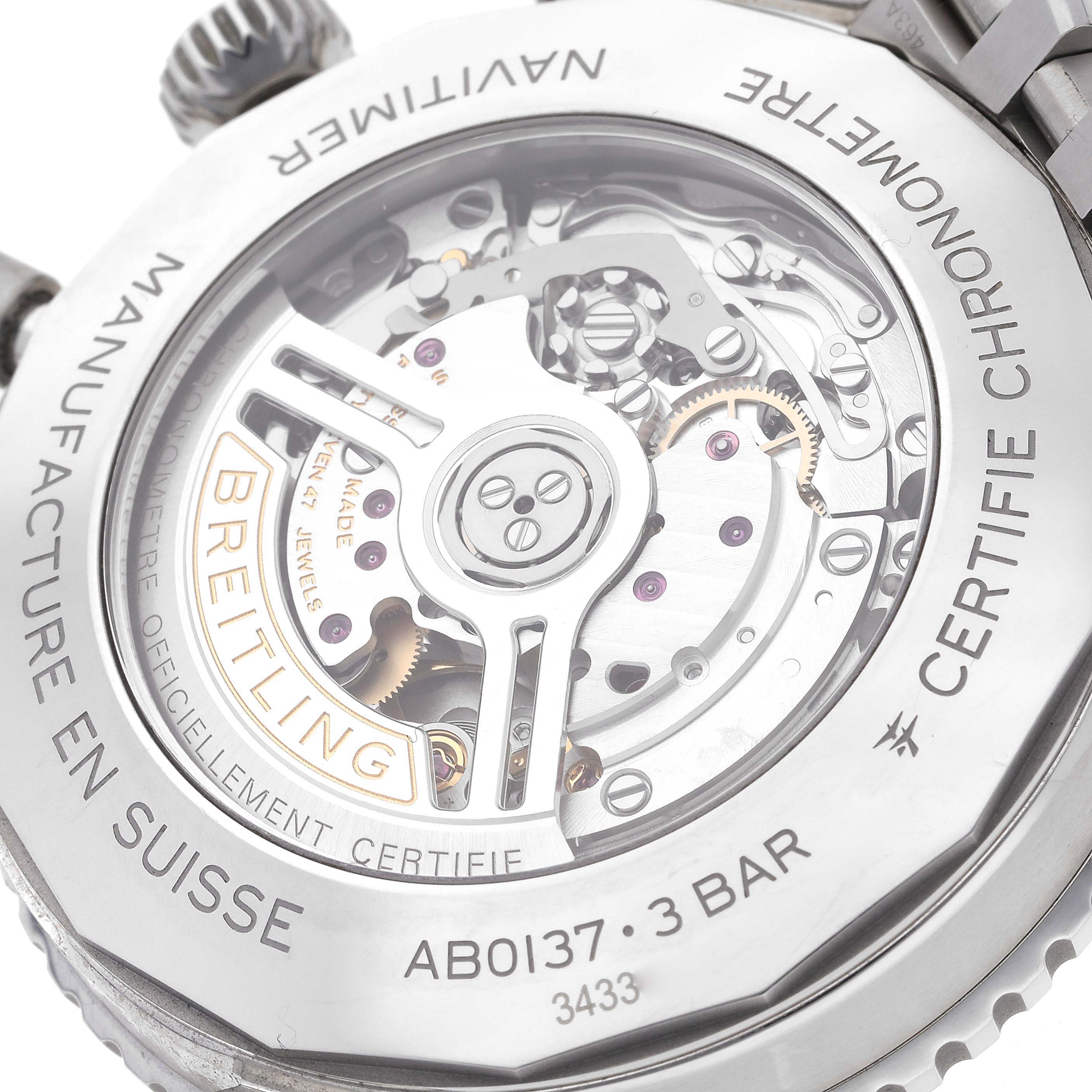 The image shows the back view of a Breitling Navitimer AB0137211B1A1 Men
s Stainless Steel Black Dial AB0137211B1A1 Men
s Stainless Steel Black Dial watch, displaying its intricate mechanical movement.