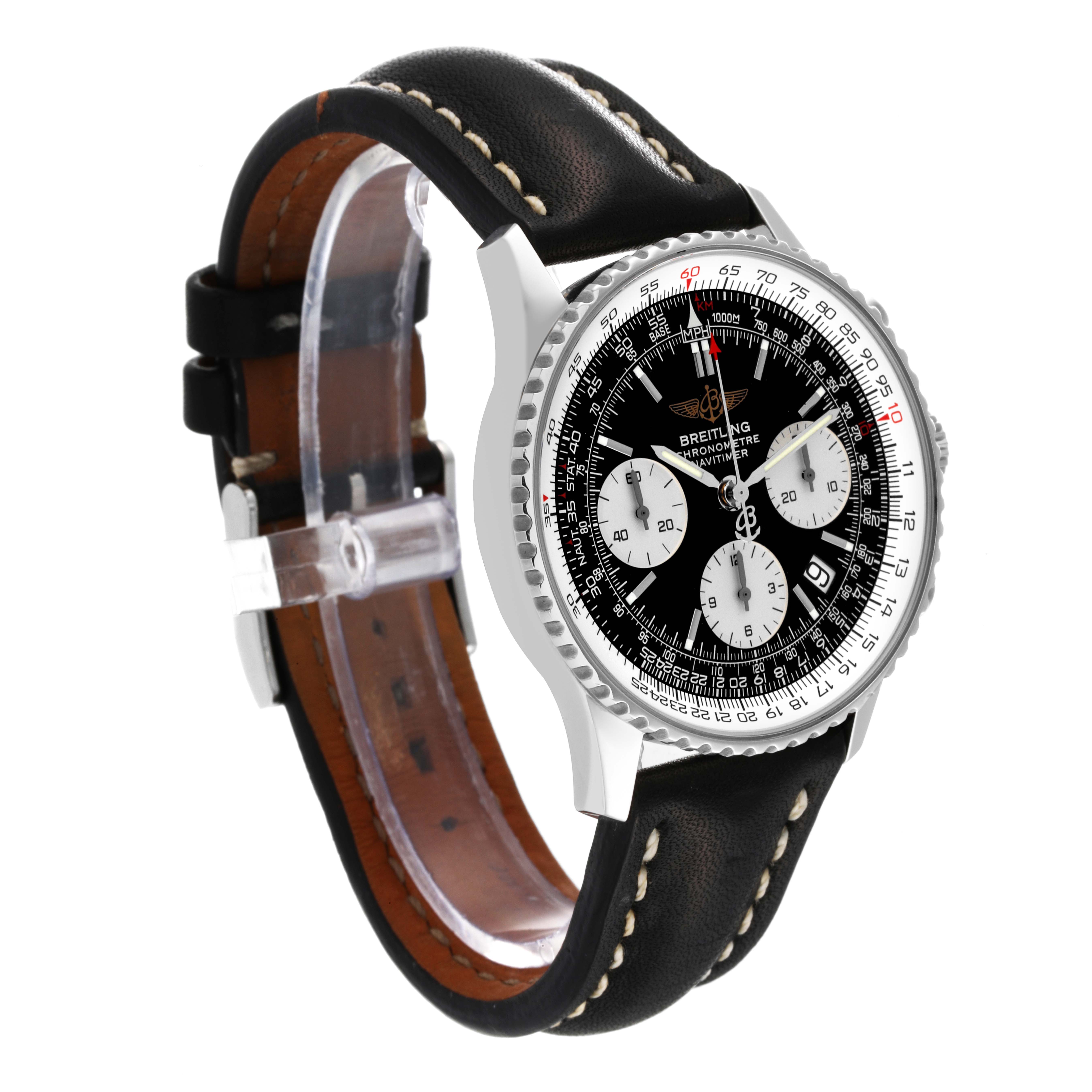 The image shows a Breitling Navitimer A23322 Men
s Stainless Steel Black Dial A23322 Men
s Stainless Steel Black Dial watch at a three-quarter angle, displaying the face, bezel, and leather strap.