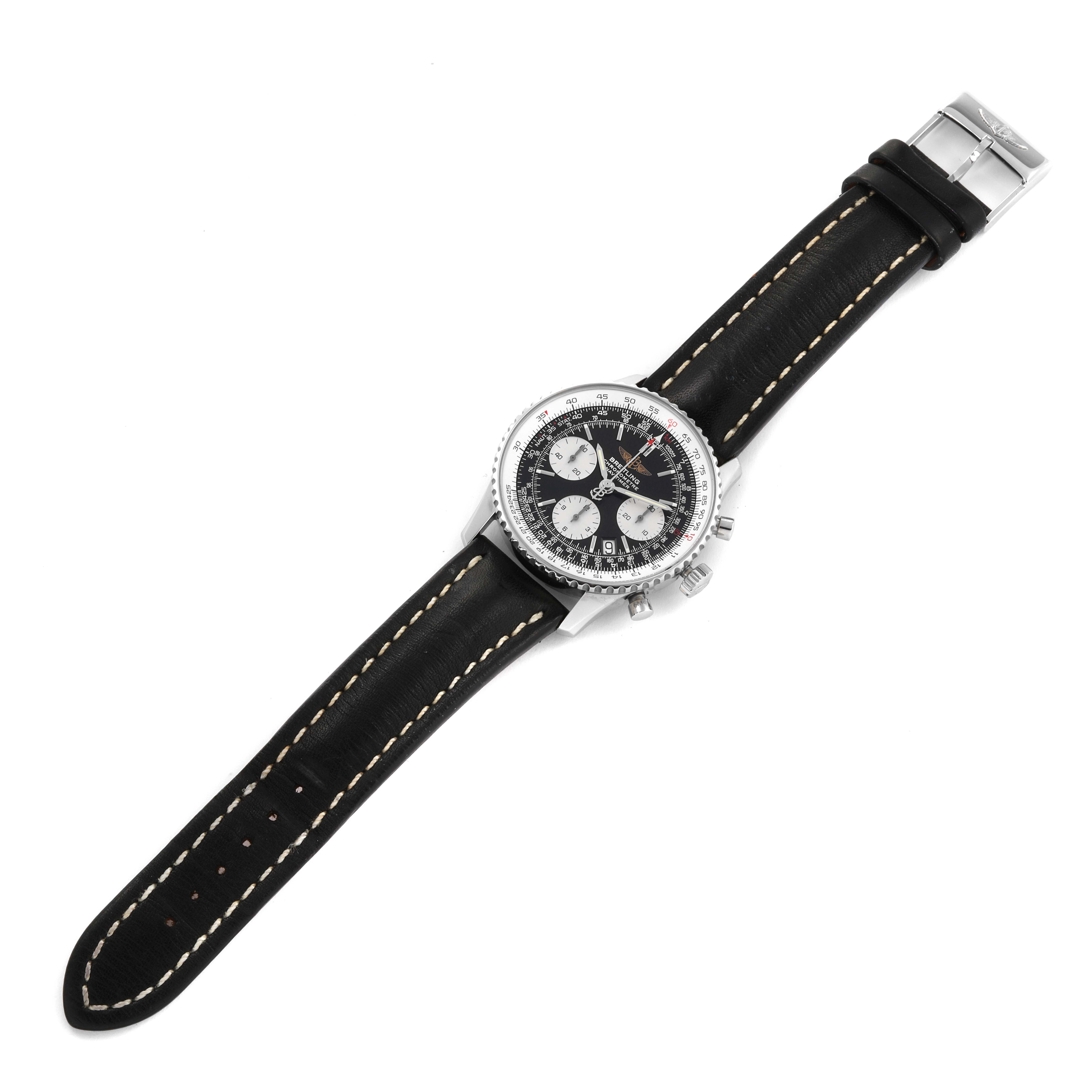 The Breitling Navitimer A23322 Men
s Stainless Steel Black Dial A23322 Men
s Stainless Steel Black Dial watch is displayed from a top-down angle, showing the entire watch face, chronograph dials, crown, pushers, and black leather strap.