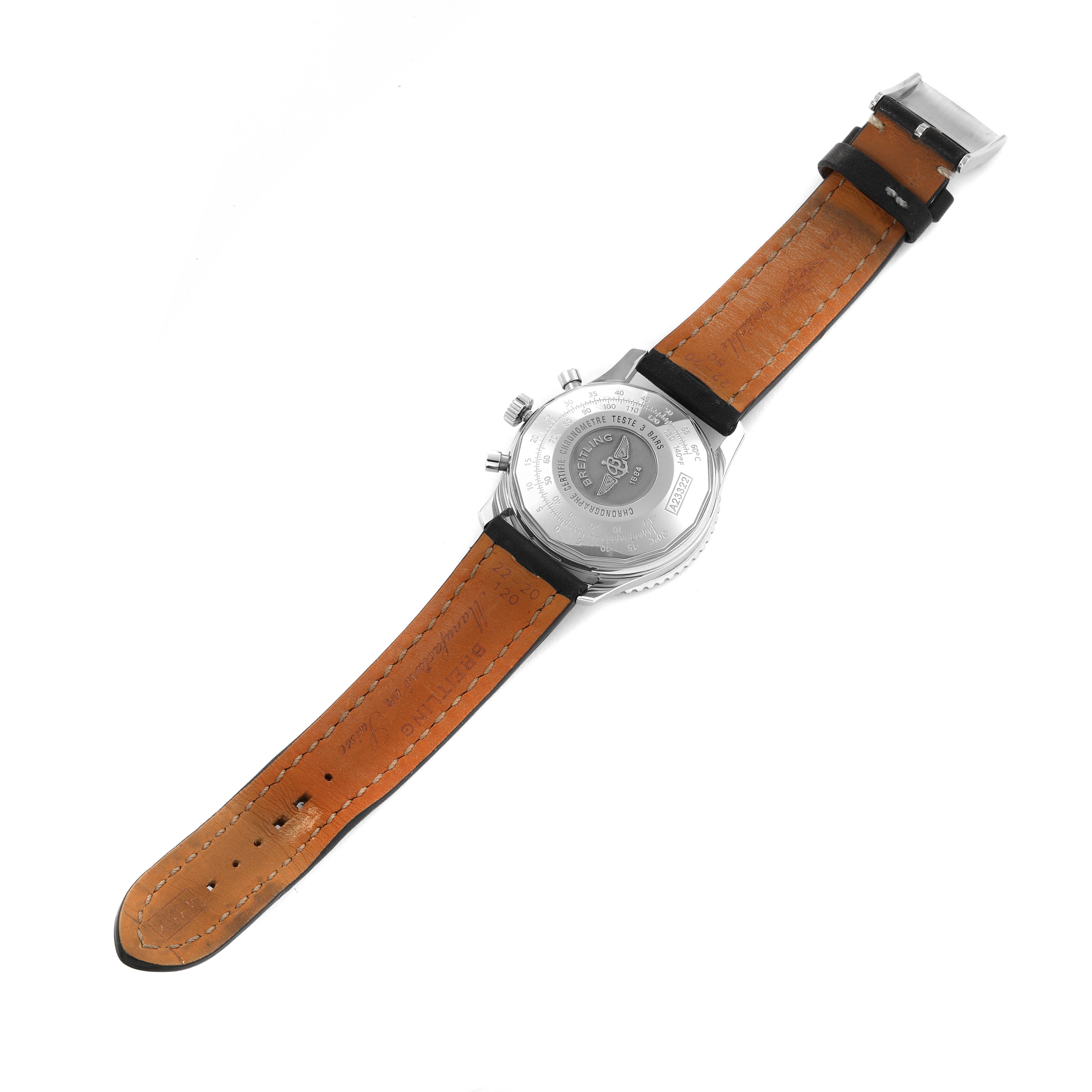 The image shows the back view of the Breitling Navitimer A23322 Men
s Stainless Steel Black Dial A23322 Men
s Stainless Steel Black Dial watch, highlighting its case back and leather strap.