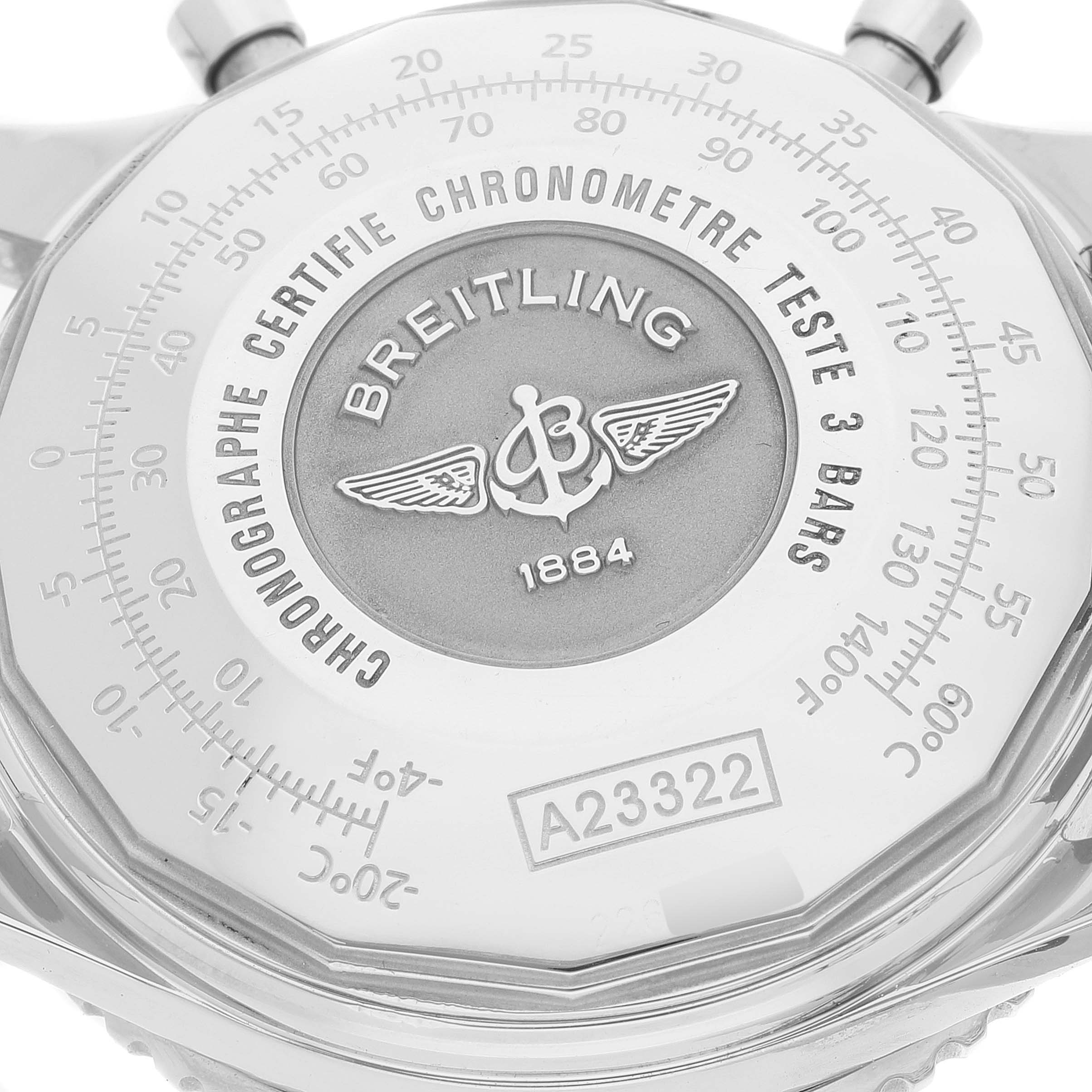 This close-up image showcases the back of a Breitling Navitimer A23322 Men
s Stainless Steel Black Dial A23322 Men
s Stainless Steel Black Dial watch, emphasizing its branding and reference number A23322.