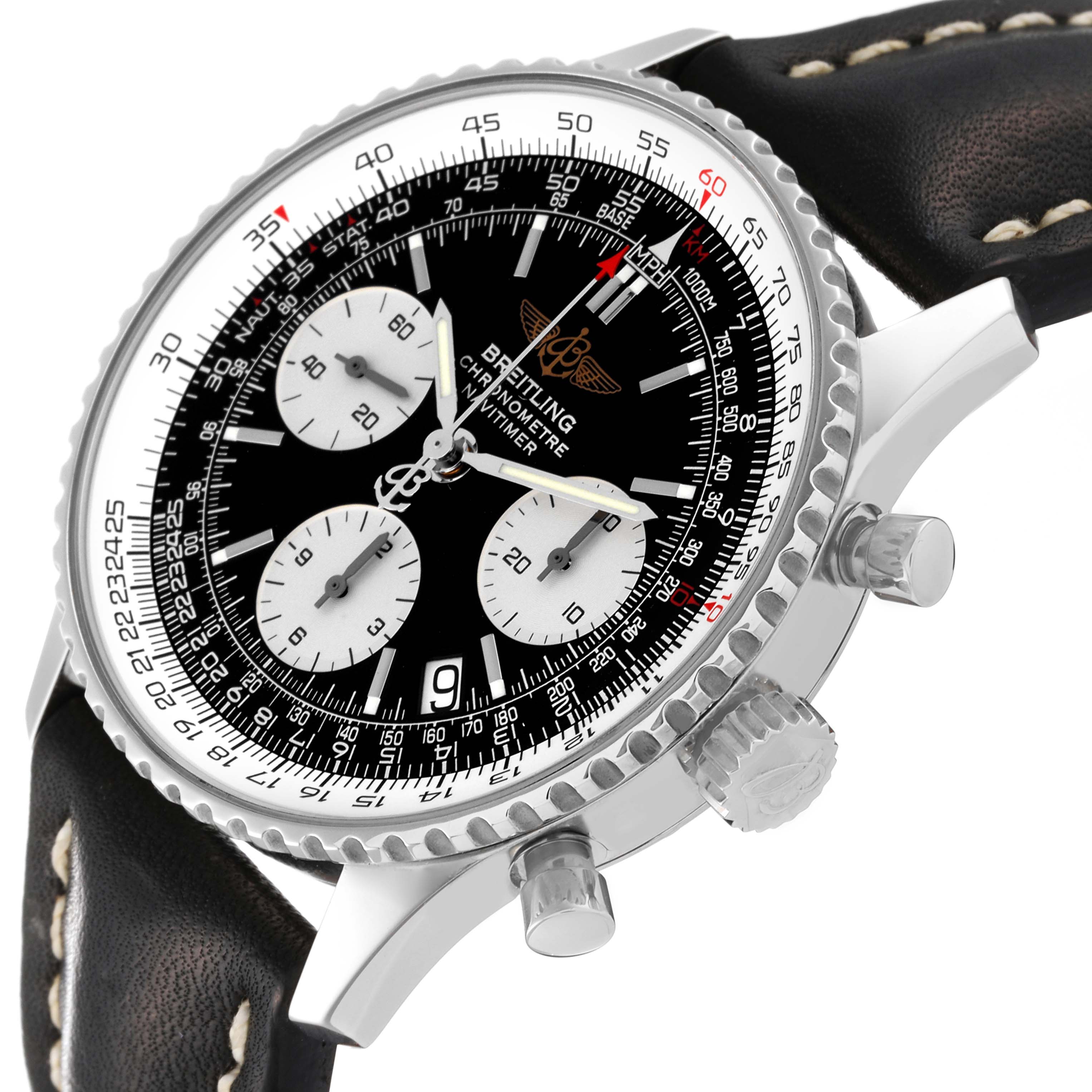 The image shows a close-up, slightly angled view of a Breitling Navitimer A23322 Men
s Stainless Steel Black Dial A23322 Men
s Stainless Steel Black Dial watch, highlighting the bezel, dial, subdials, and crown.
