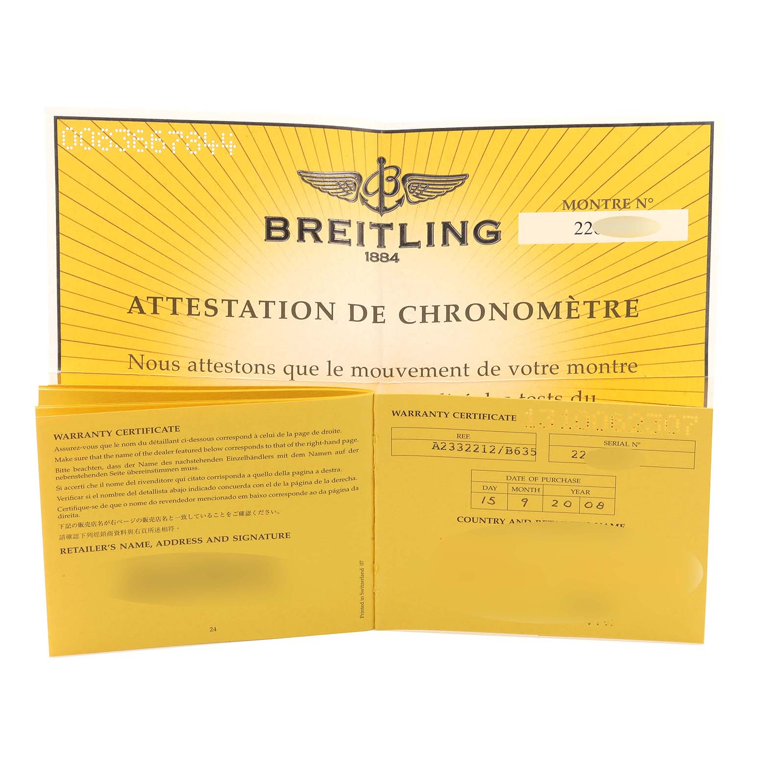 The image shows the warranty certificate and chronometer certification for a Breitling Navitimer A23322 Men
s Stainless Steel Black Dial A23322 Men
s Stainless Steel Black Dial watch, laid open.