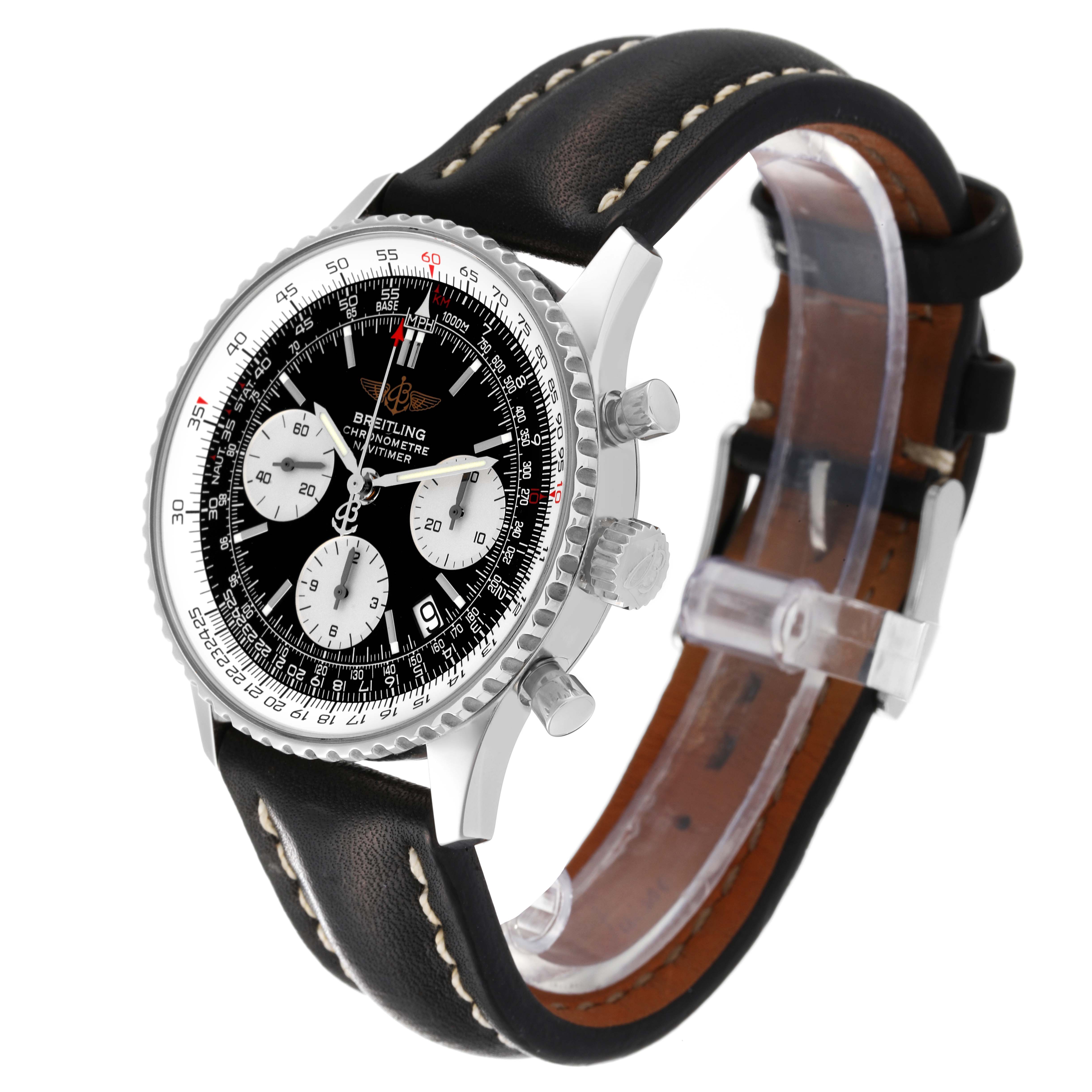The Breitling Navitimer A23322 Men
s Stainless Steel Black Dial A23322 Men
s Stainless Steel Black Dial watch is shown at a slight angle, displaying the face, bezel, crown, pushers, and leather strap.